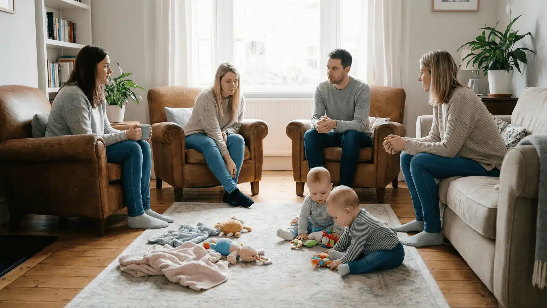Group of adults sitting together with babies nearby
