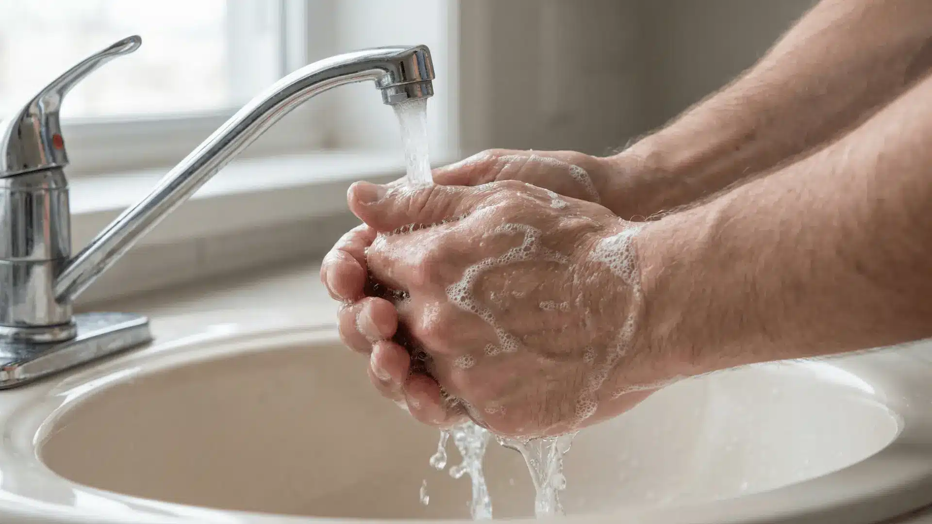 Hands being washed with soap under running water