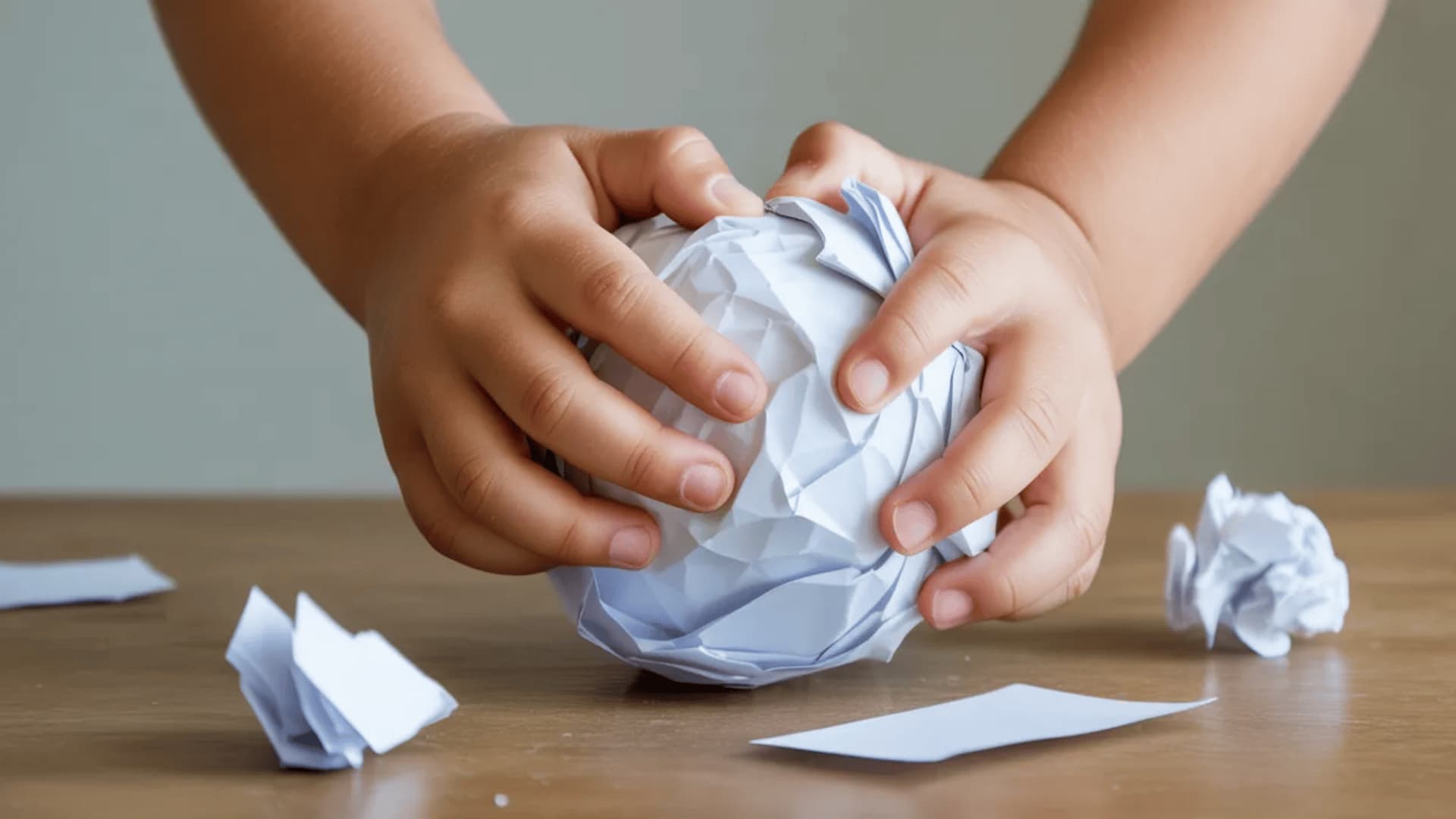 Hands crumpling paper into a ball on a desk
