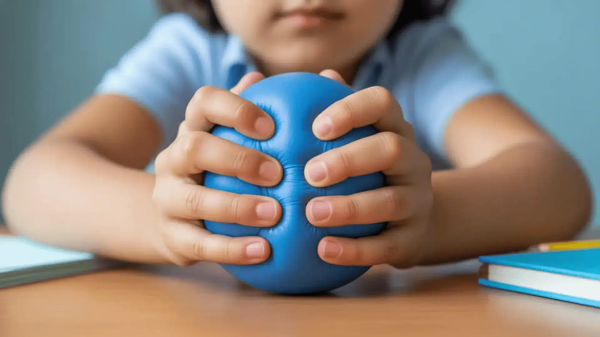Hands holding and squeezing a small stress ball on a desk
