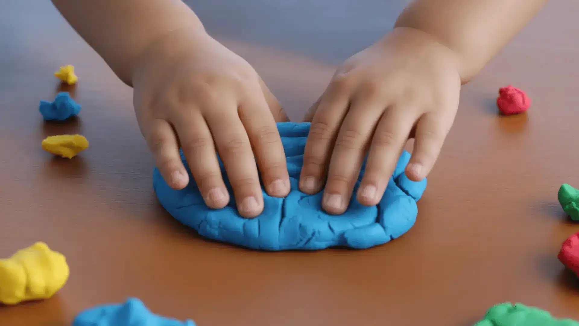 Hands pressing and shaping play-dough on a table