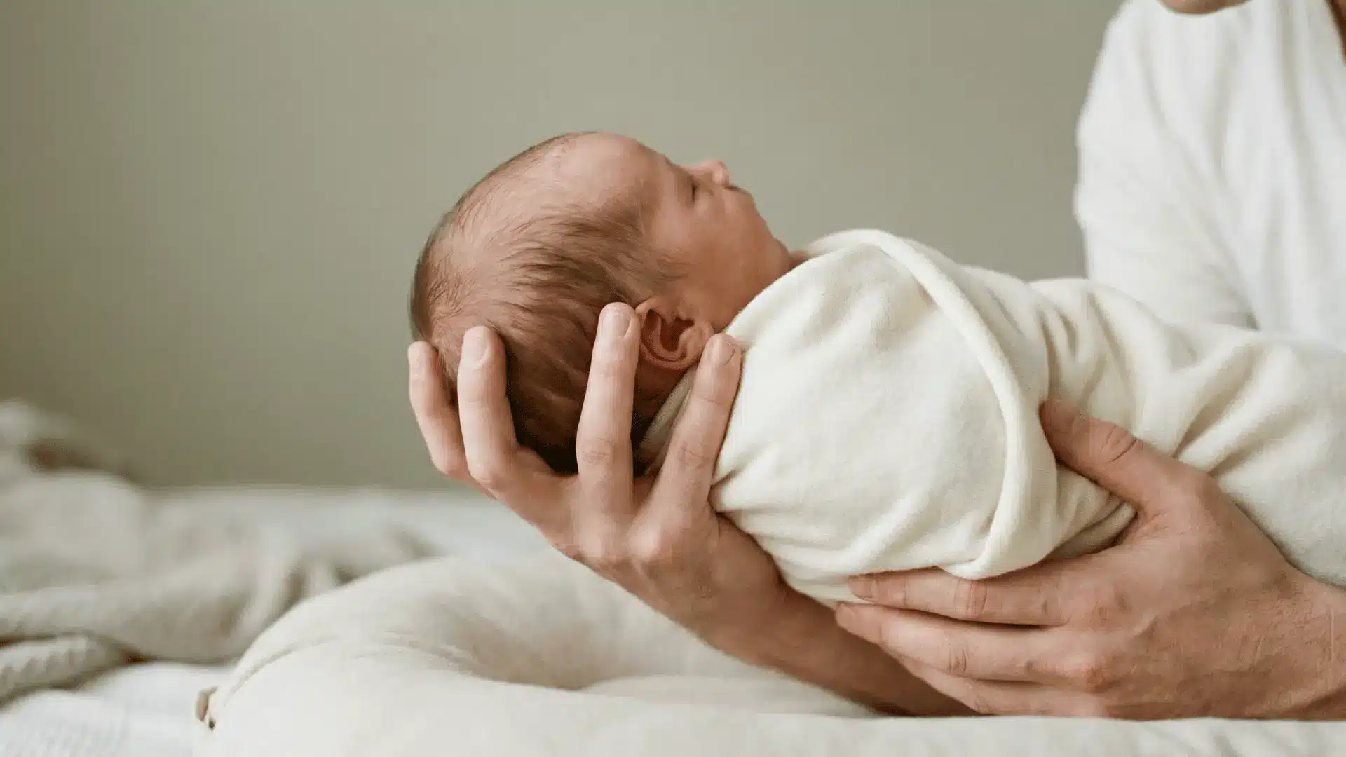 Hands supporting newborn head and neck while lifting