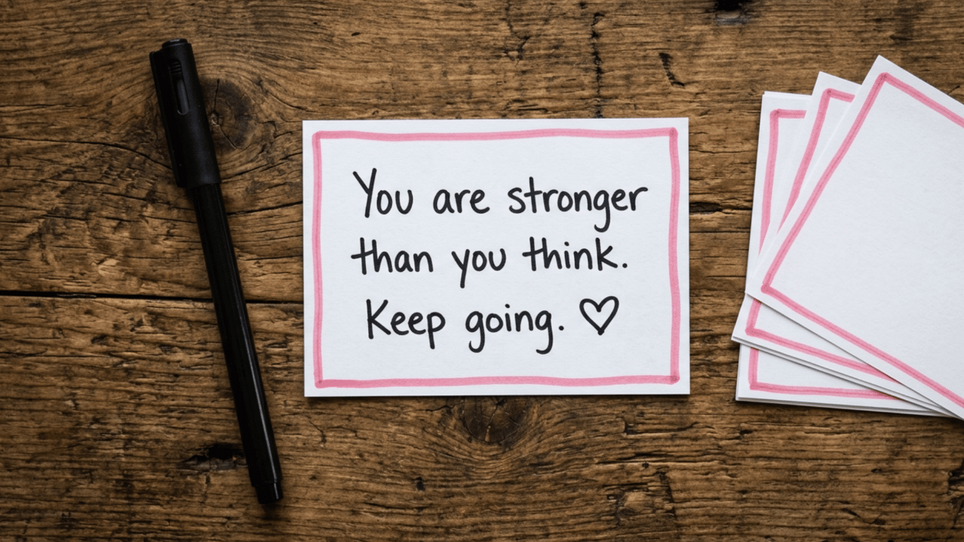 handwritten motivational lunch note cards placed beside a lunch box on a rustic wooden surface