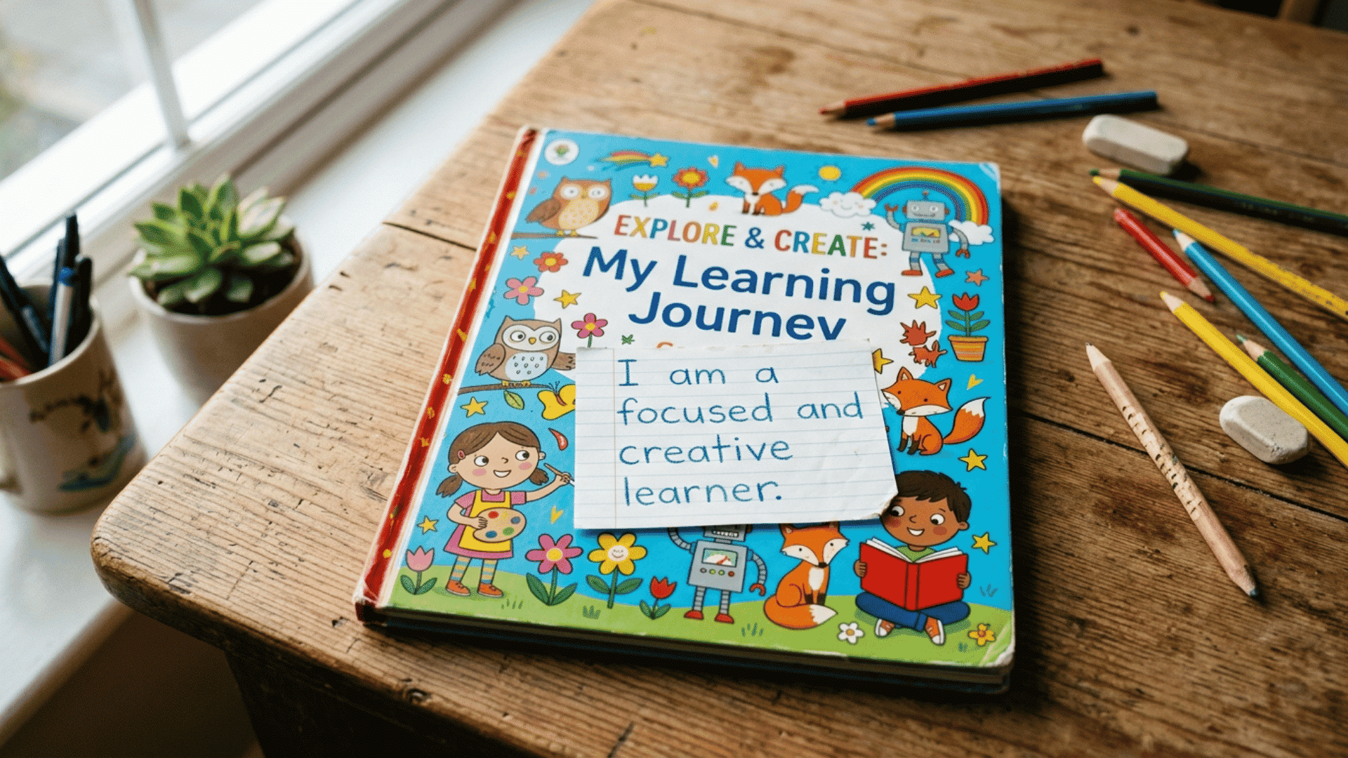 handwritten note saying i am a focused and creative learner placed on top of a colorful children's school book on a wooden desk with a small plant nearby