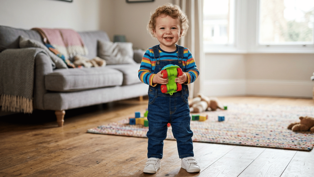 happy toddler between 1 and 3 years old standing indoors with toys and smiling during active playtime
