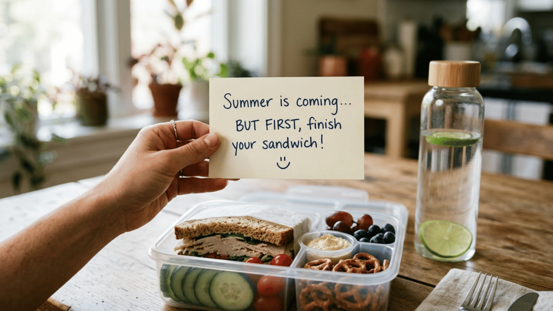 healthy lunch box with handwritten note, water bottle, and snacks arranged on a kitchen counter