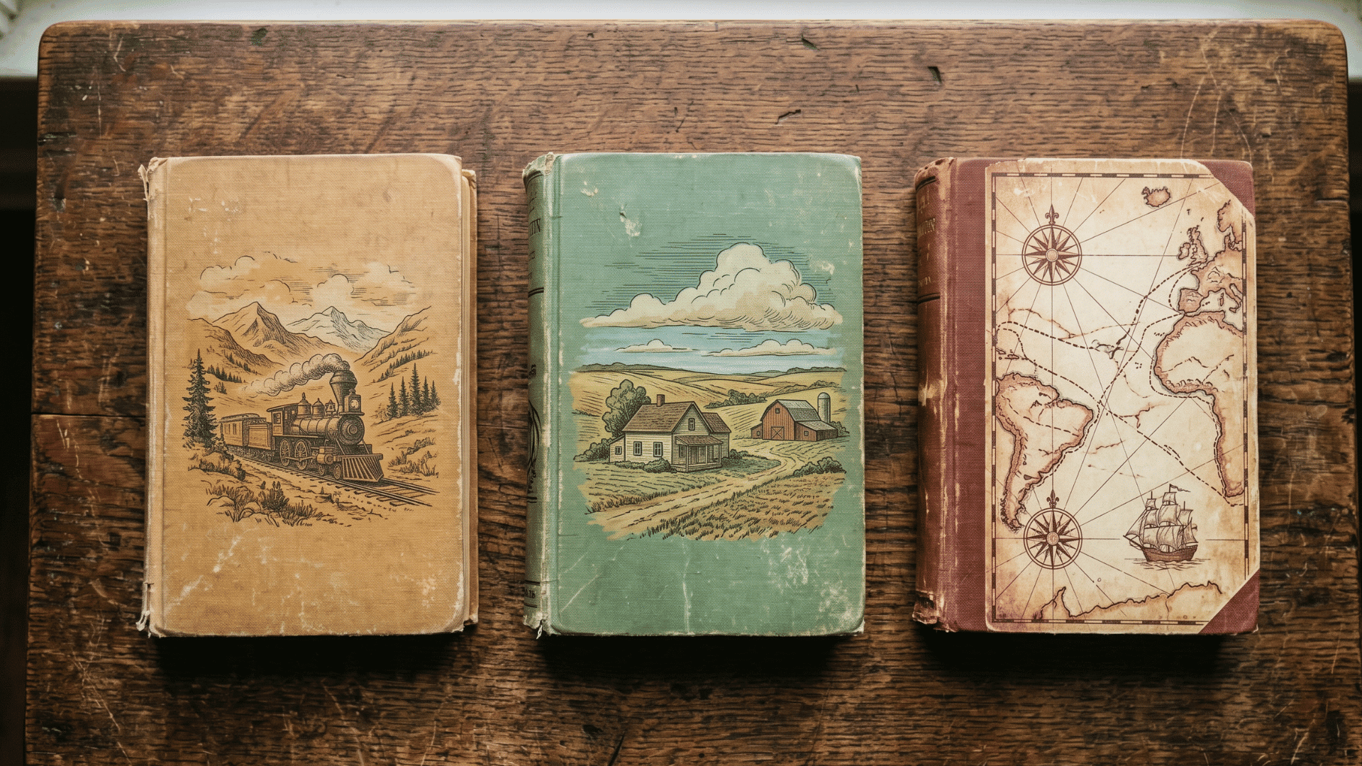 history through literature books with prairie and train-themed covers on a wooden table