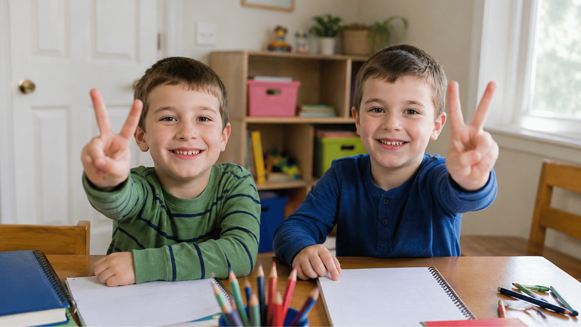 homeschooled children smiling and studying together at a table inside a bright family home