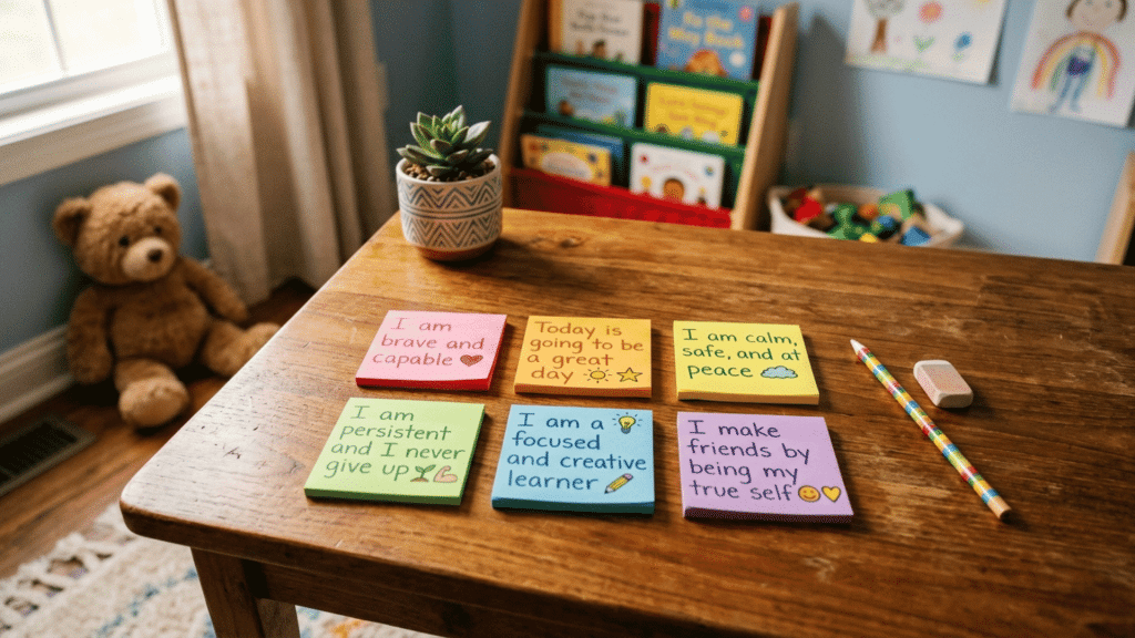 index card saying i am a focused and creative learner tucked inside the pages of an open colorful notebook on a wooden desk