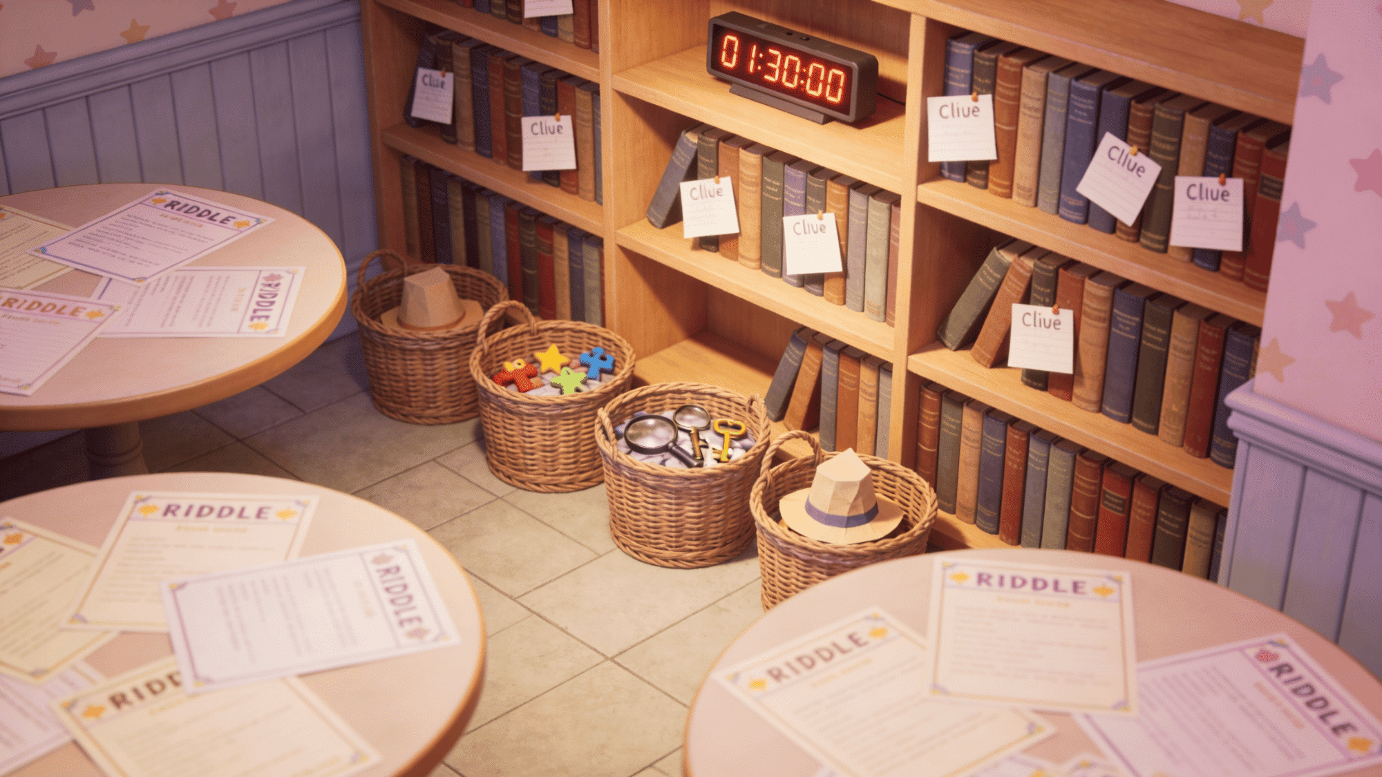 indoor literary scavenger hunt with hidden clue cards behind books riddle sheets baskets with props and timer on a shelf