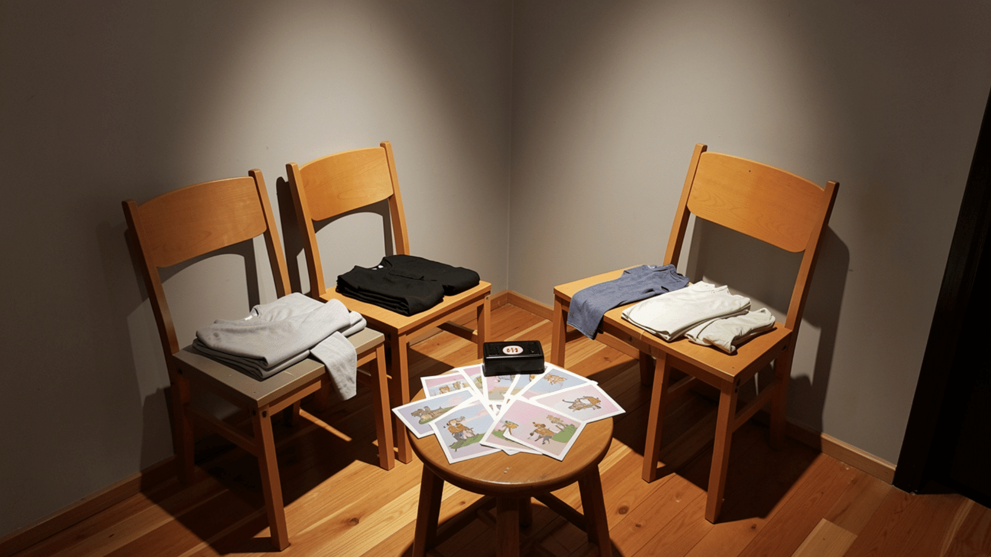 indoor stage corner with costume props printed scene cards stool timer and chairs set for a book scene reenactment game