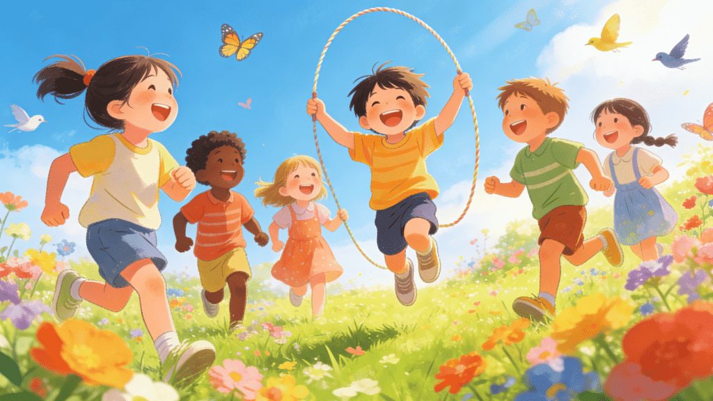 joyful children running and jumping rope in sunny flower field playground scene