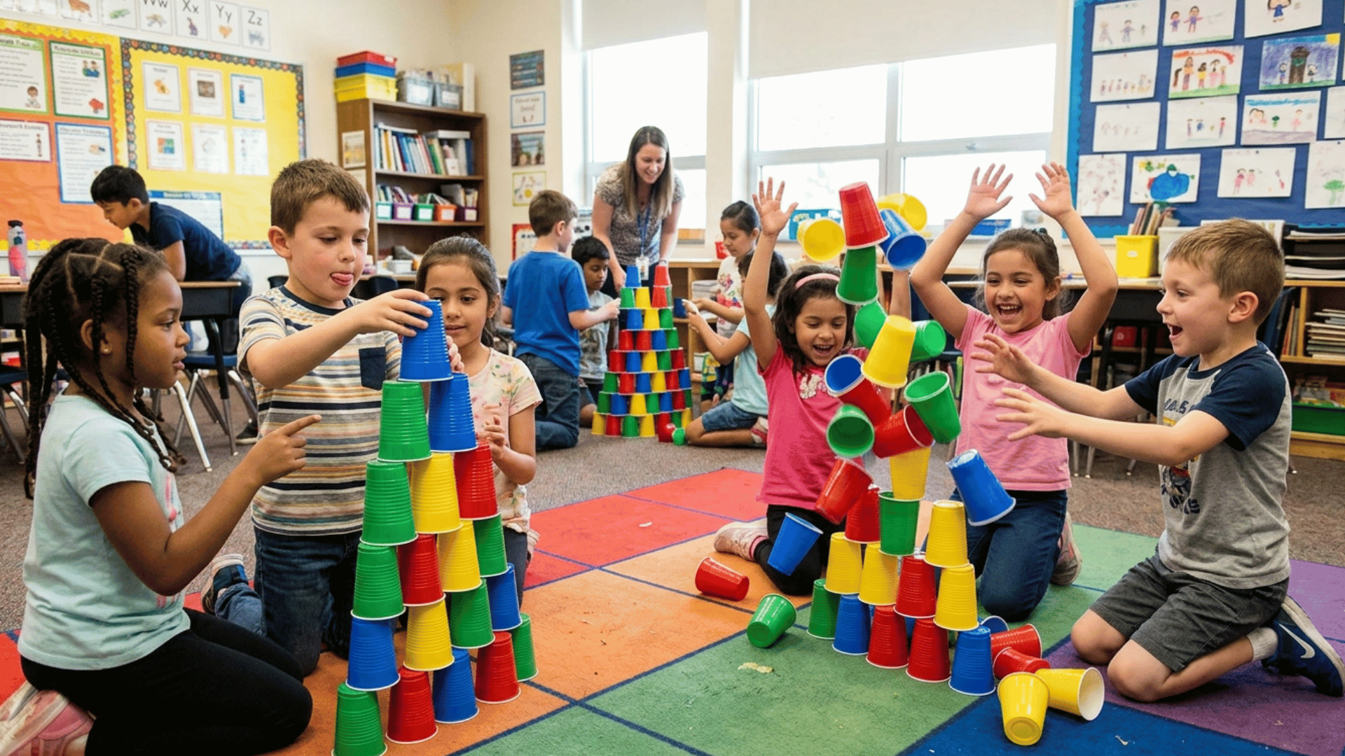 kids building tall cup towers together during an exciting classroom teamwork challenge activity