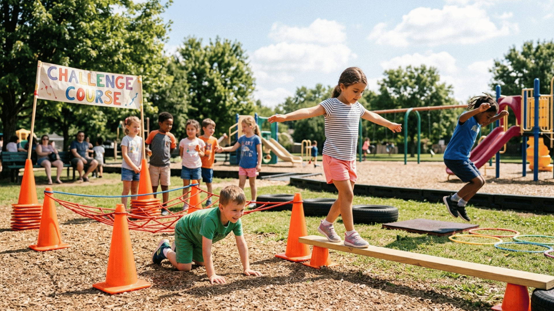 kids completing an outdoor obstacle course while jumping and balancing through different challenges
