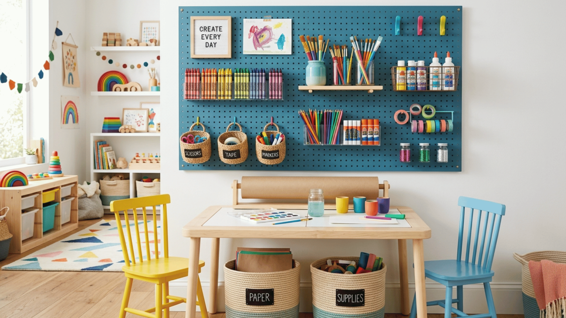 kids craft corner with pegboard wall, art supplies, baskets, hooks, and colorful organized playroom