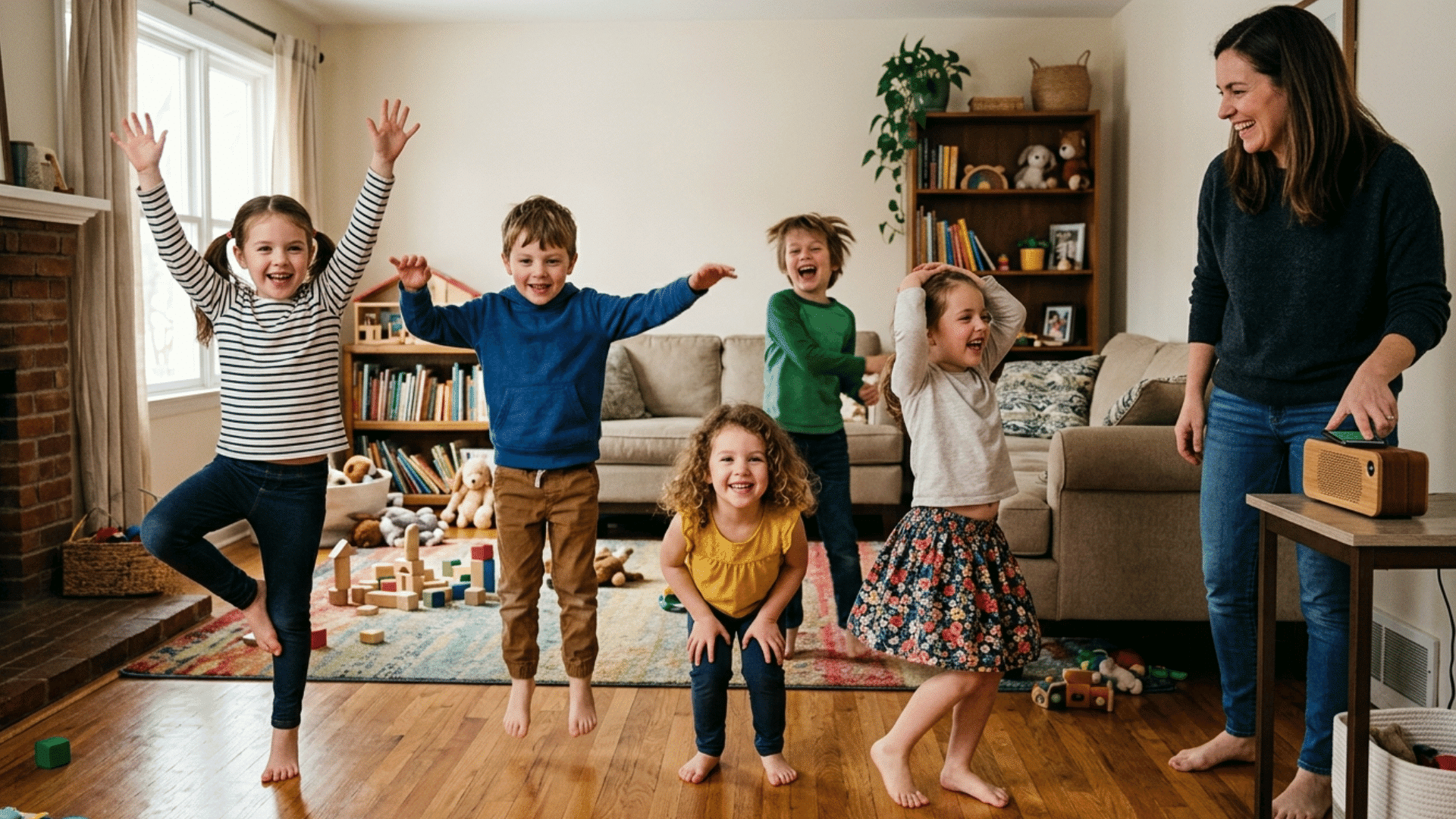 kids dancing and freezing in funny poses during an energetic freeze dance game inside a classroom