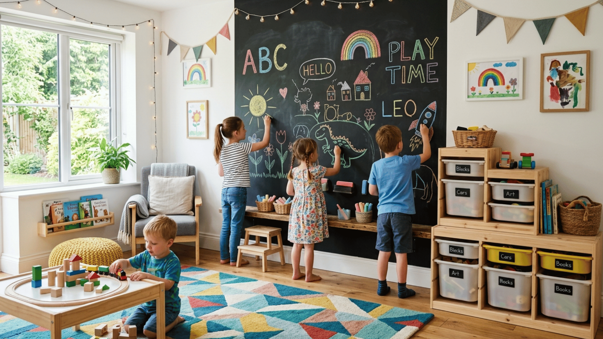 kids drawing on a large chalkboard wall in a colorful playroom with toy storage and bright natural lighting