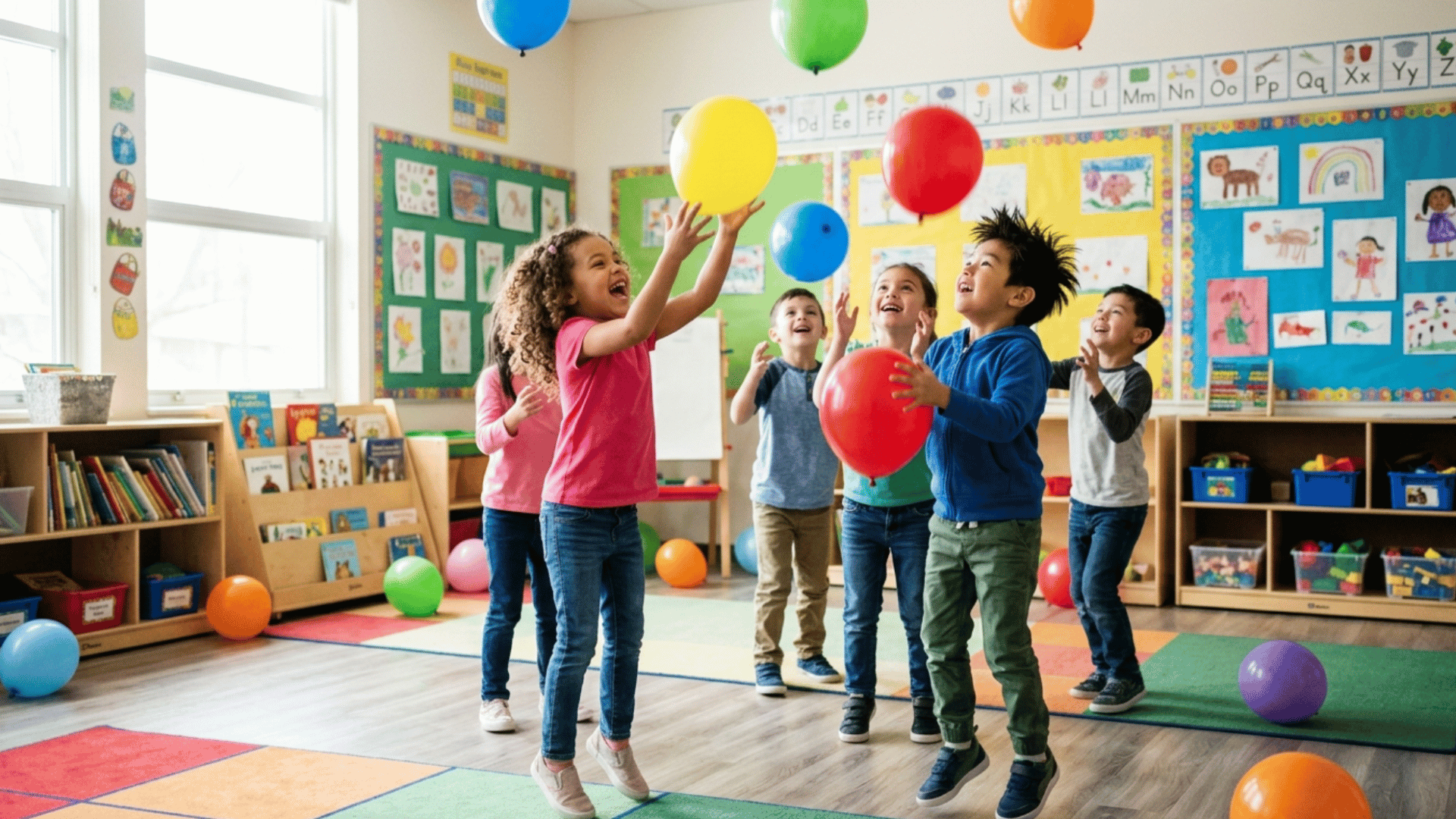 kids playing balloon keep up indoors while laughing together during a fun classroom group activity