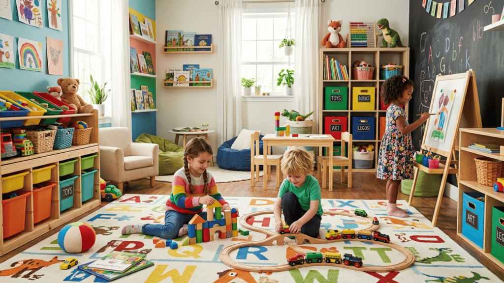 kids playing in a colorful budget-friendly playroom with toy storage, chalkboard wall, books, and activity zones