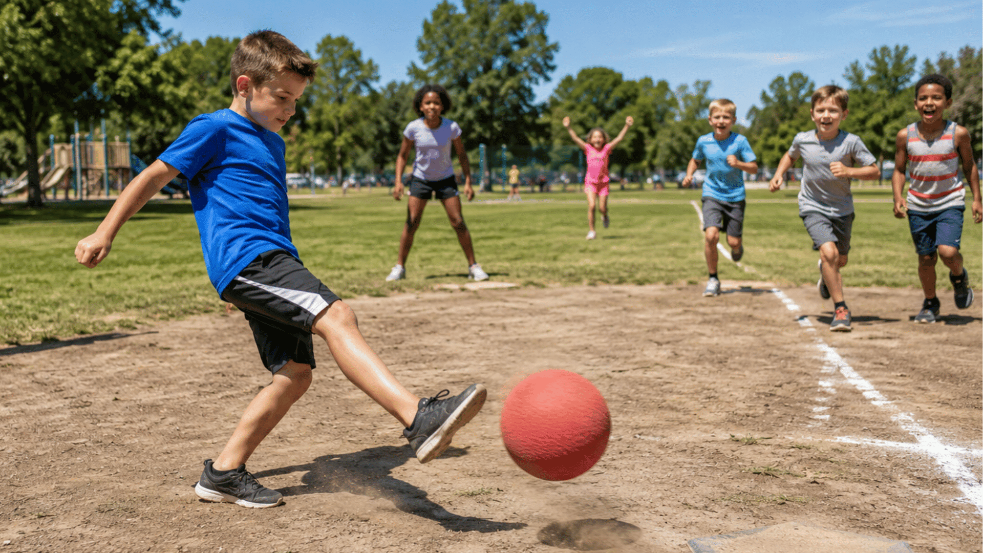 kids playing kickball on a sunny field while teammates watch and cheer during outdoor fun
