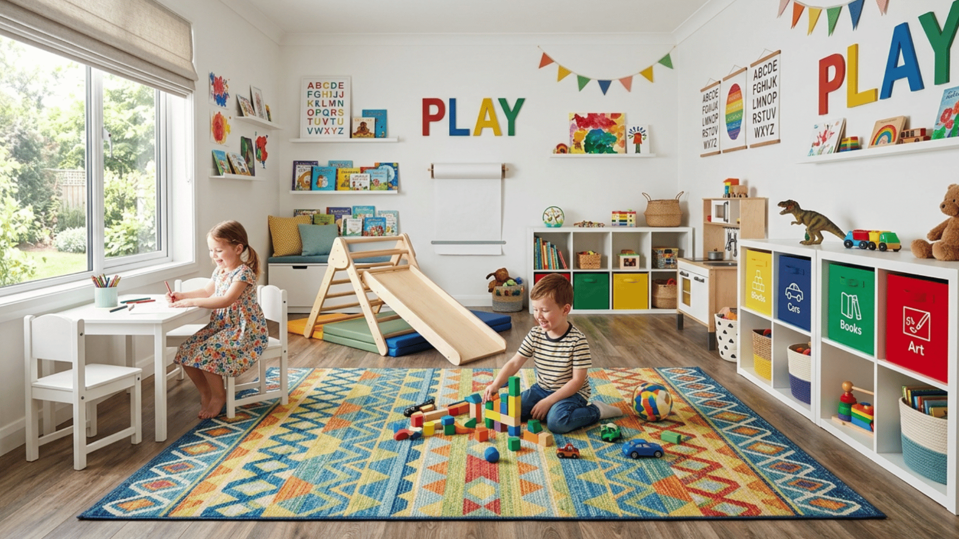 kids playroom with large washable rug, colorful decor, toy area, and easy-clean practical flooring