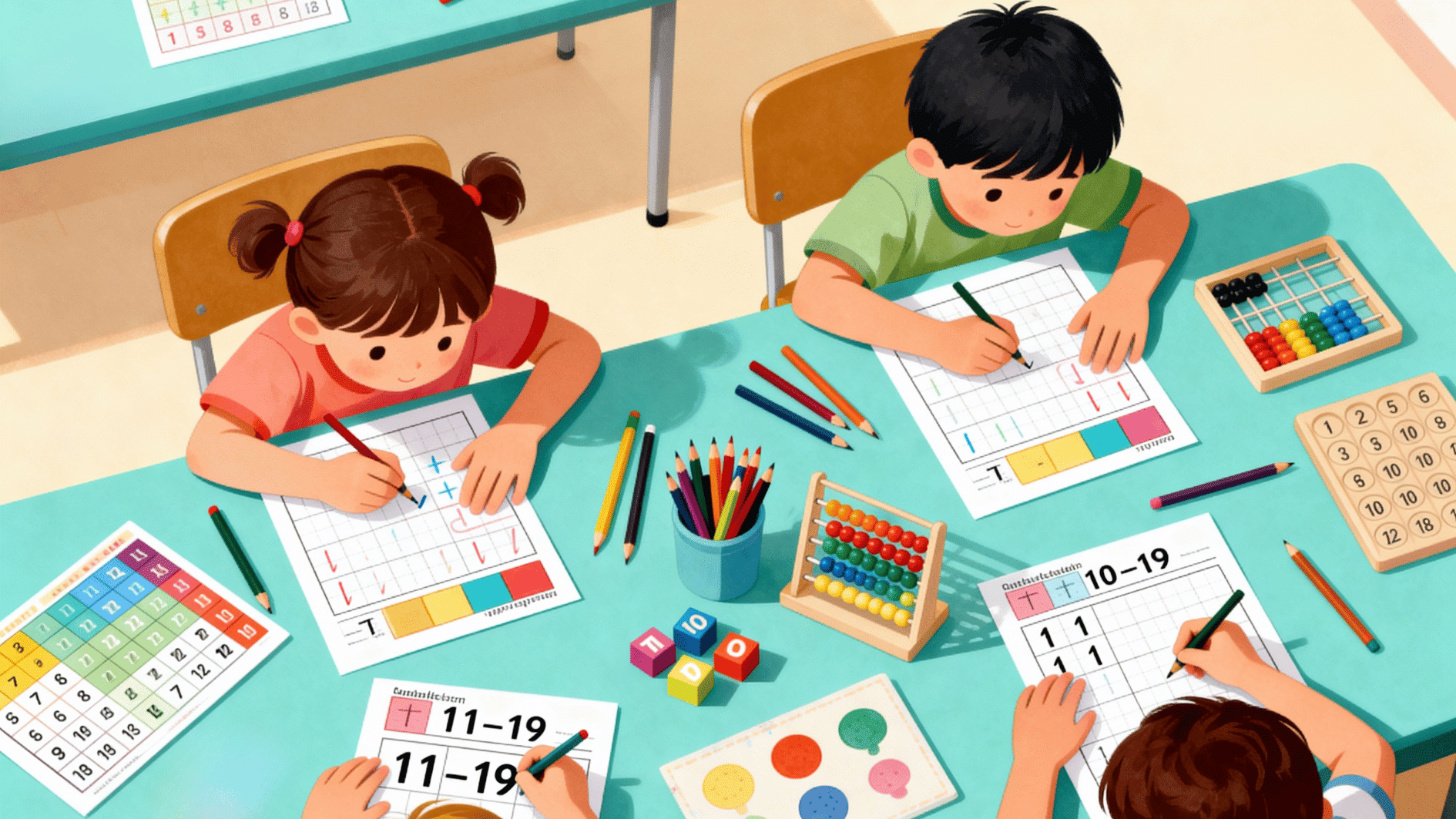 kids practicing teen number worksheets with pencils, abacus, and colorful learning tools at a classroom table in a fun learning setting