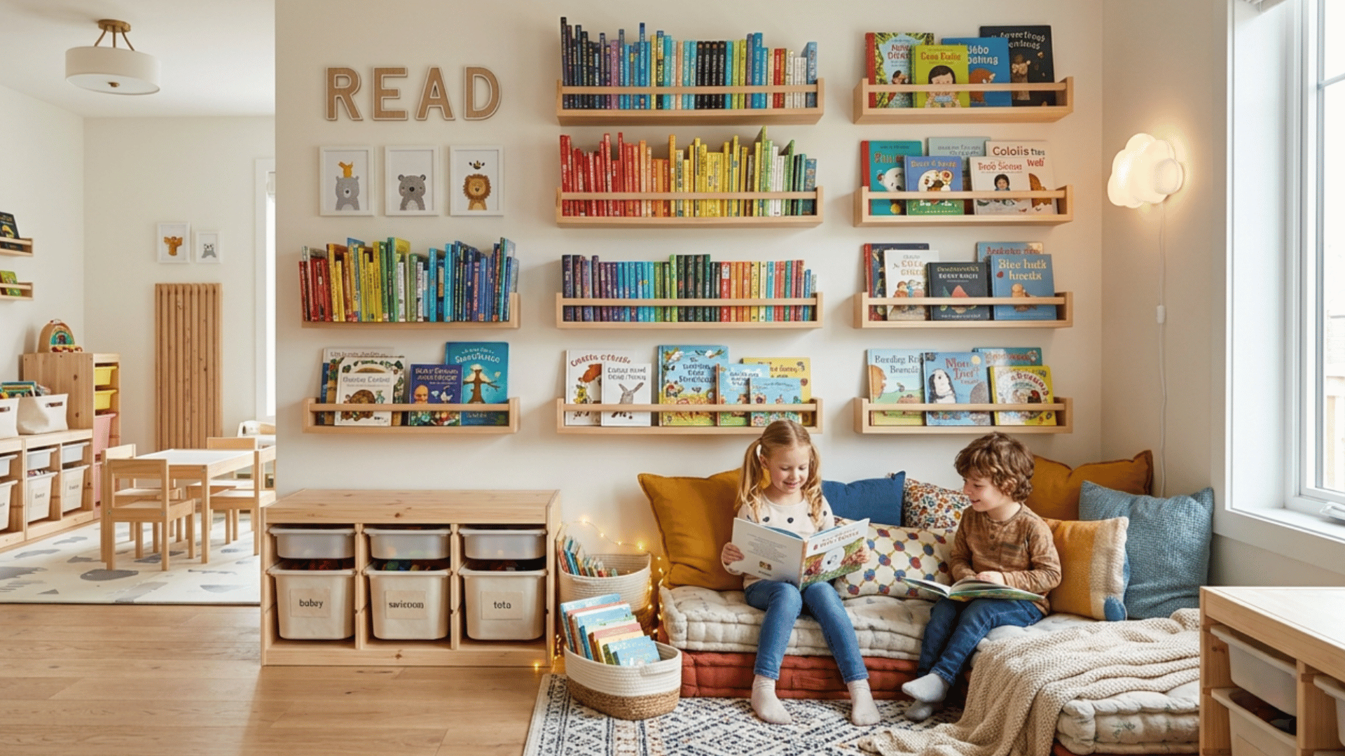 kids reading area with floating book shelves, cozy seating, soft lighting, and organized playroom decor