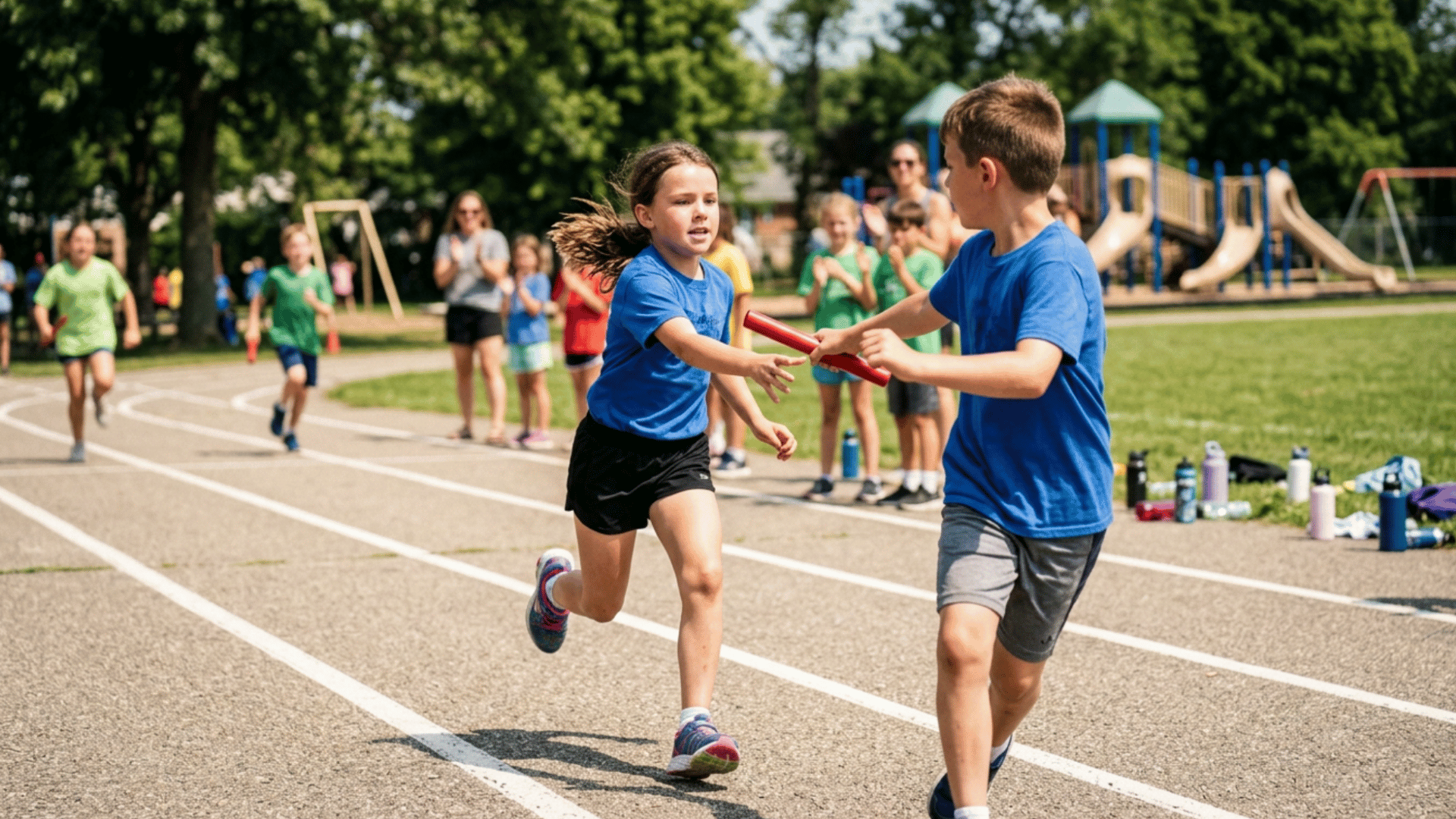 kids running relay races outside while teammates cheer during an energetic outdoor school game