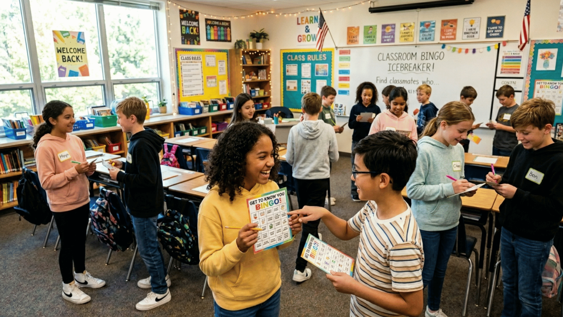 kids standing together in a classroom during a bingo icebreaker activity and talking with classmates