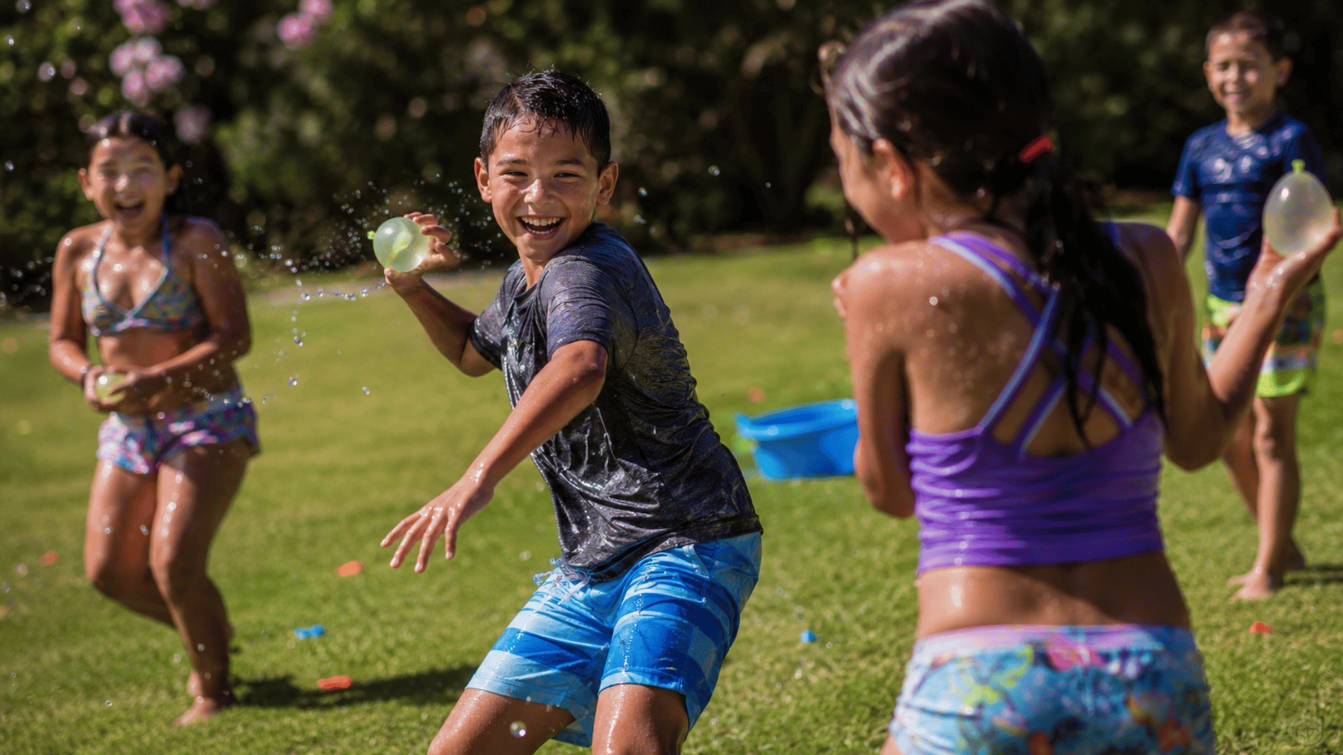 kids tossing water balloons outside and laughing together during a fun summer group activity