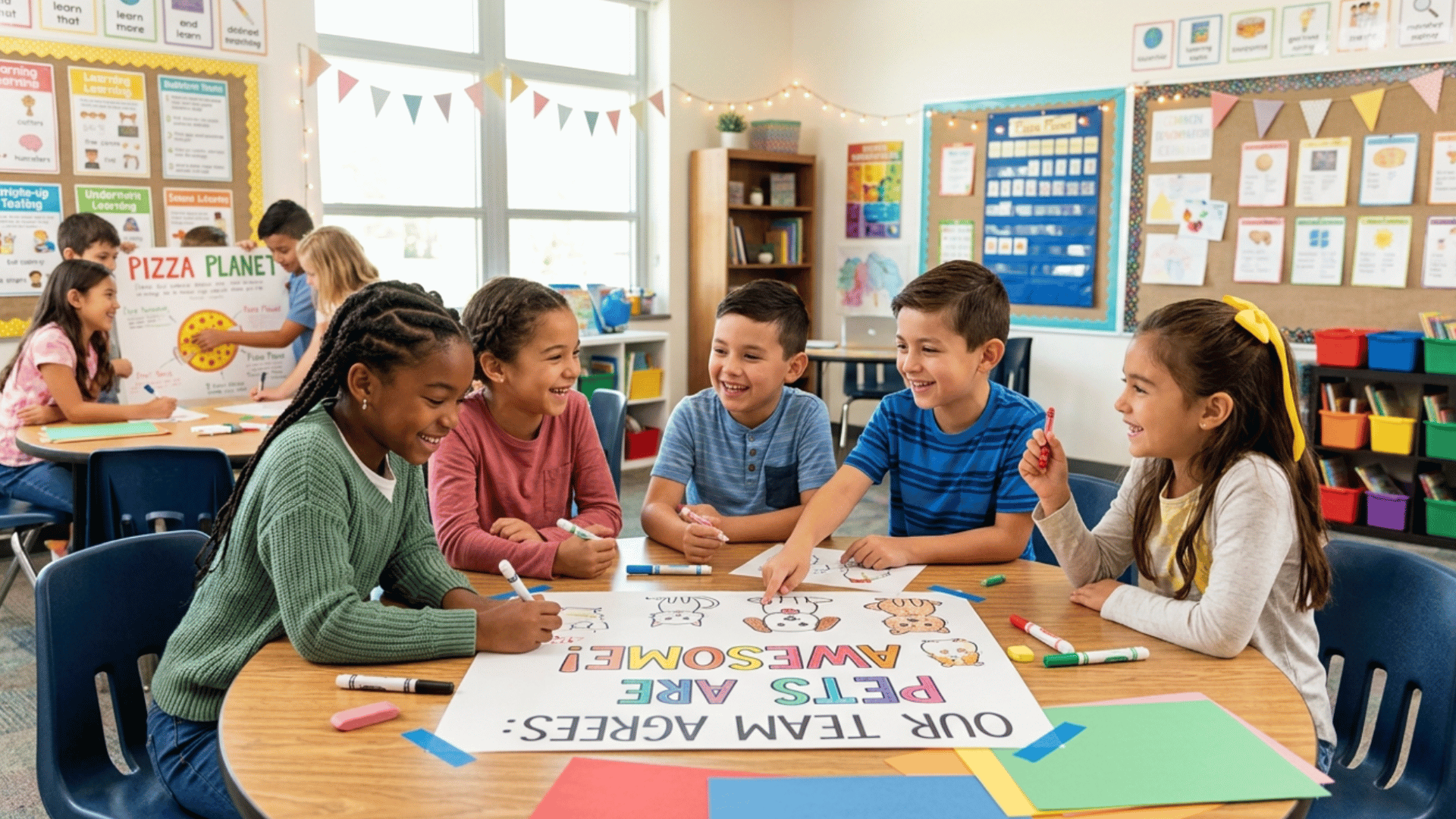 kids working together on a colorful common denominator activity in a bright classroom during group learning time