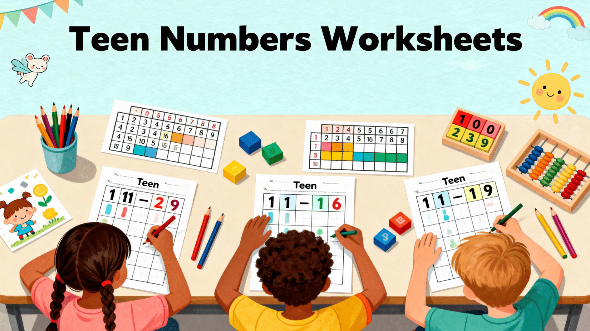 kindergarten kids practicing teen number worksheets with colorful tools, pencils, blocks, and number charts in a bright classroom setting