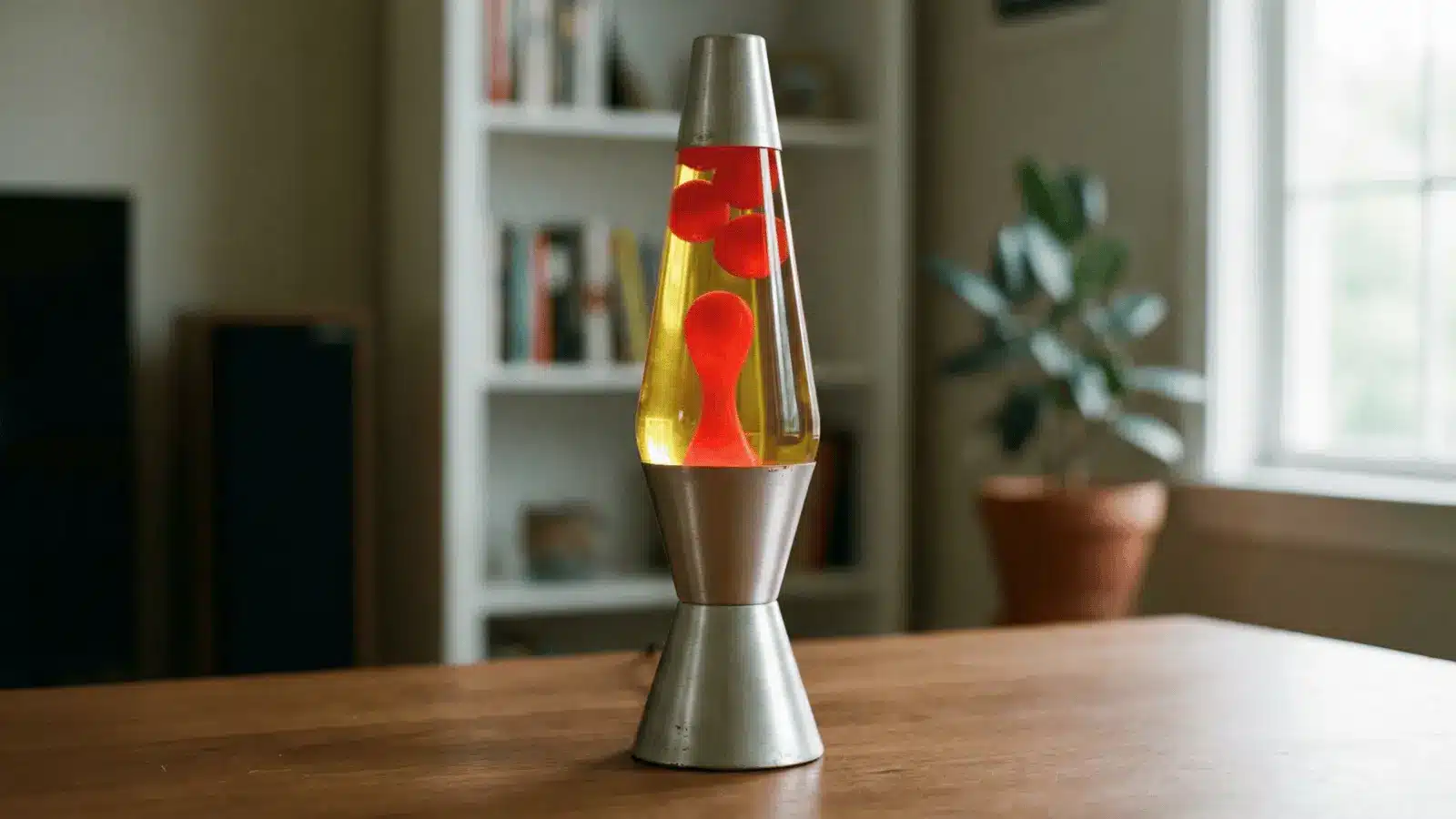 Lava lamp with slow-moving liquid placed on a table in a quiet room