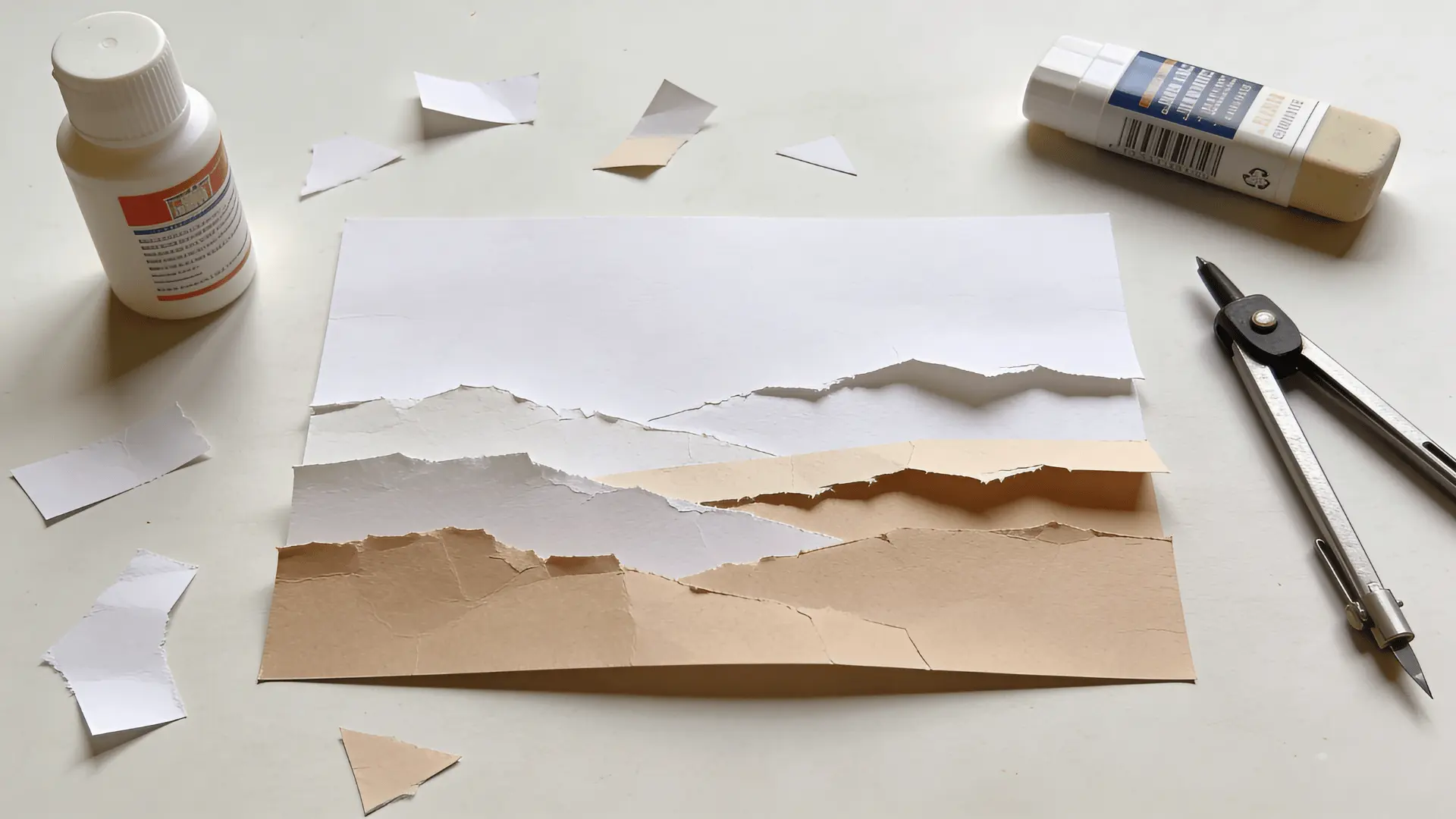 Layered paper collage showing a simple landscape with torn paper pieces creating depth on a flat surface