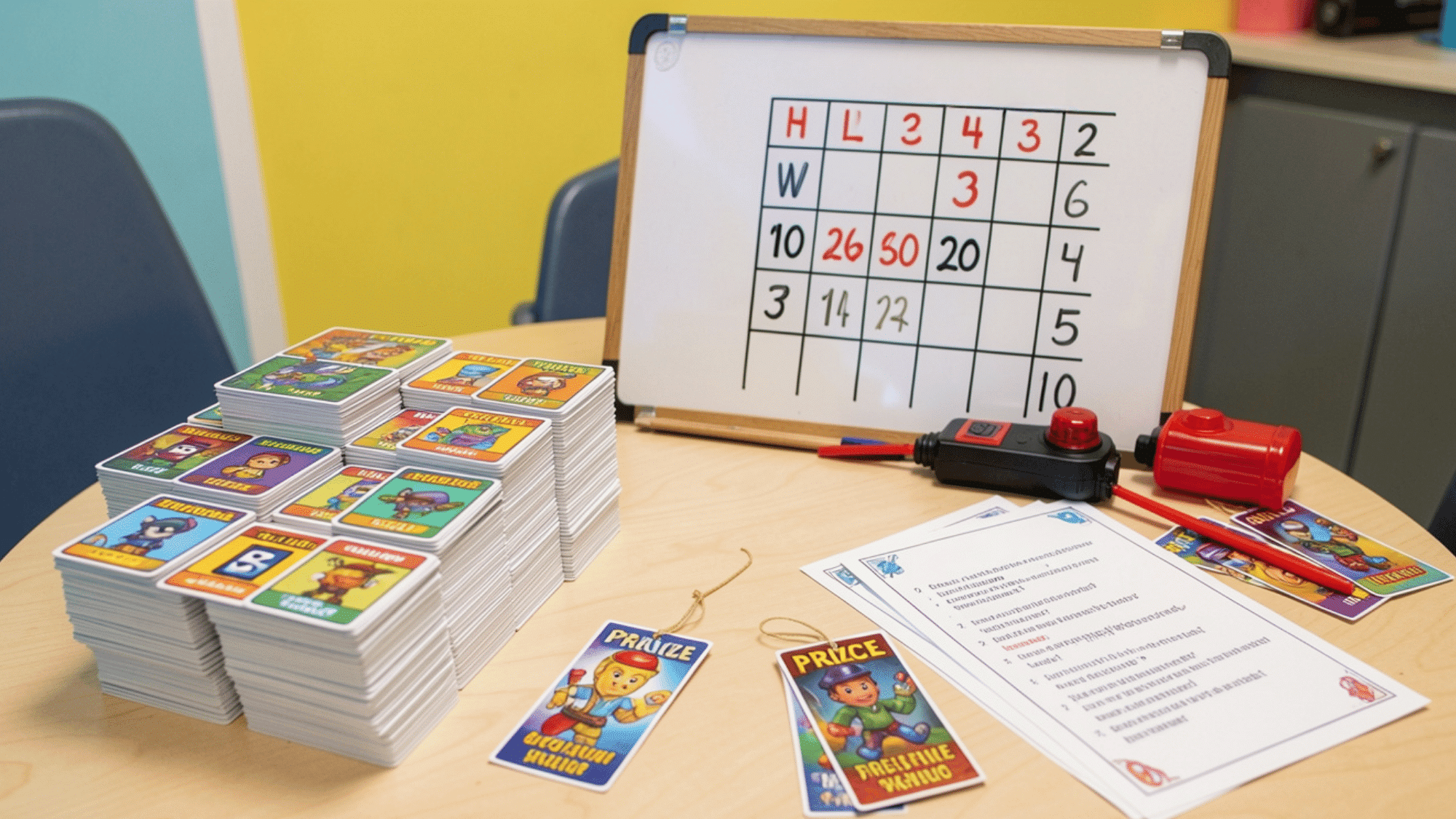literary trivia game setup with stacked cards scoreboard buzzer printed questions and small prize bookmarks on a bright table