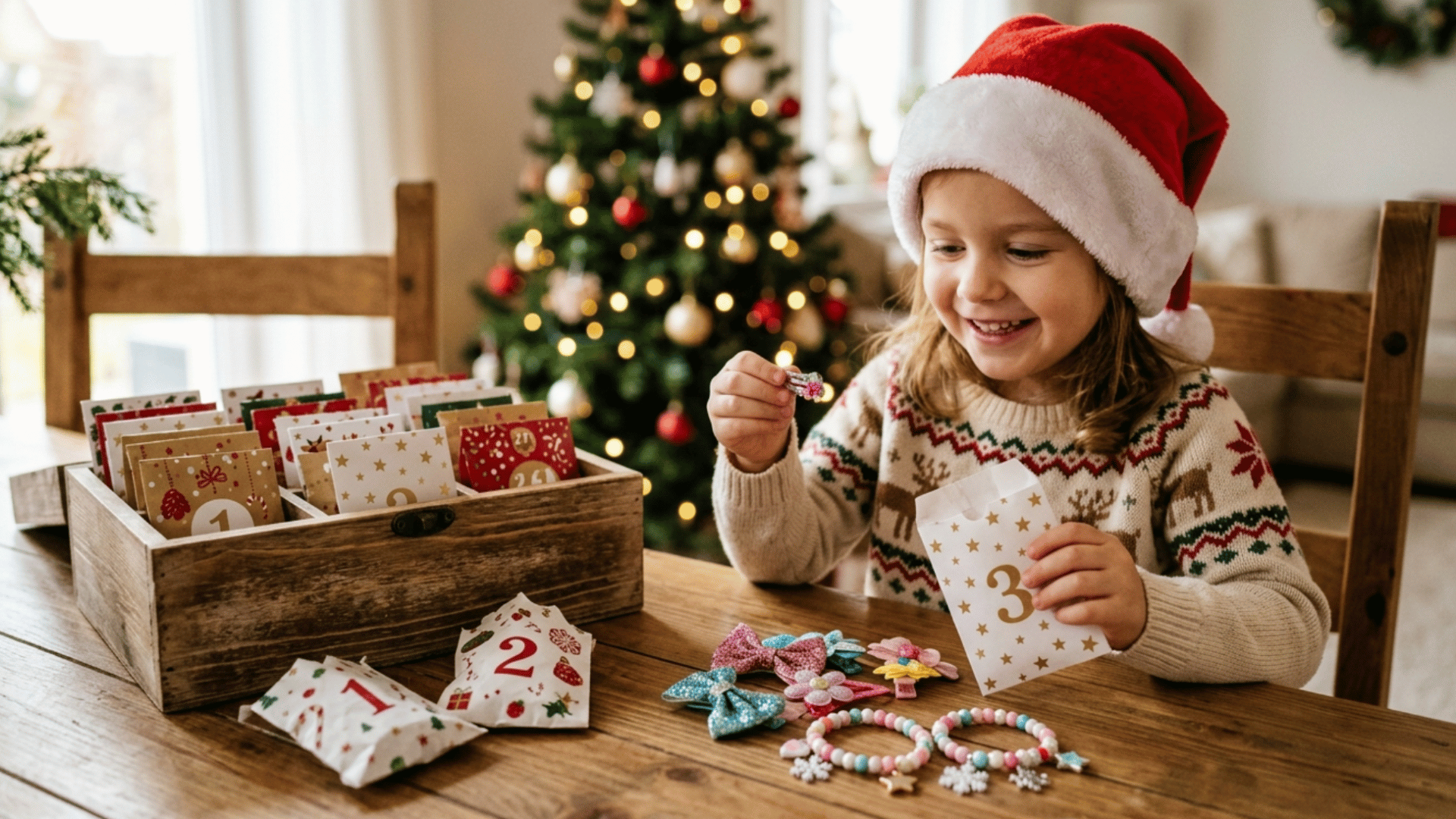 little girl opening christmas advent calendar with festive accessories, bracelets, bows, and holiday decor indoors
