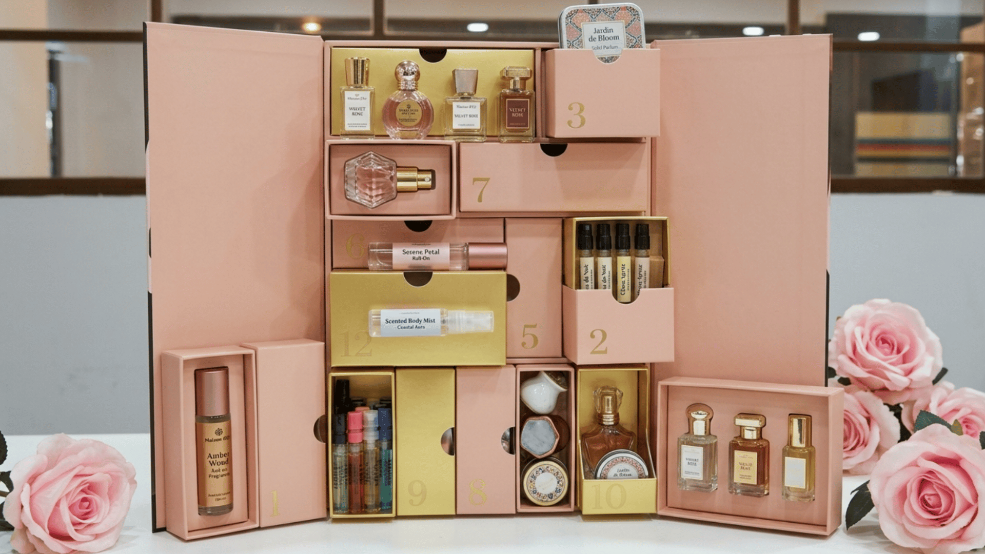 luxury perfume advent calendar with mini fragrances, scented body mists, and pink floral holiday gift packaging