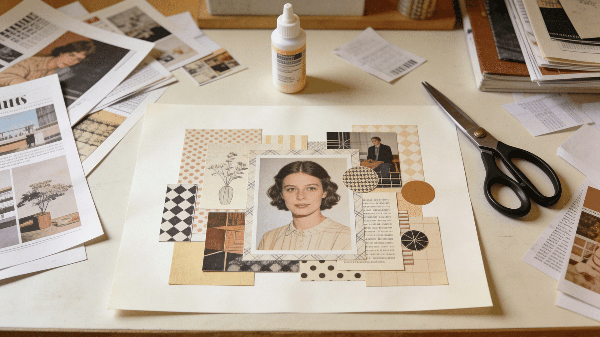 Magazine cutout collage with images and text pieces arranged on paper with scissors and glue on a desk