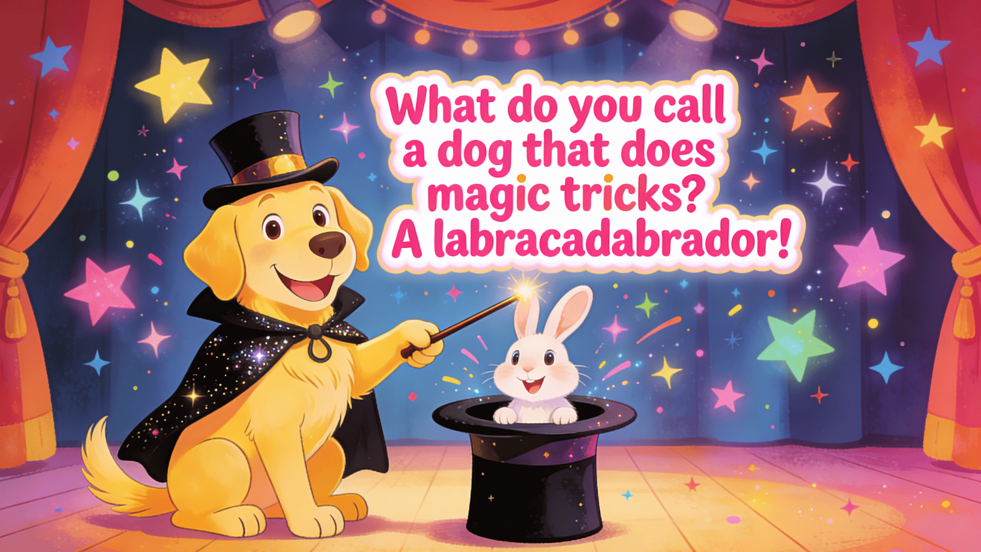 magical dog performing tricks on stage with rabbit and funny labracadabrador joke for kids