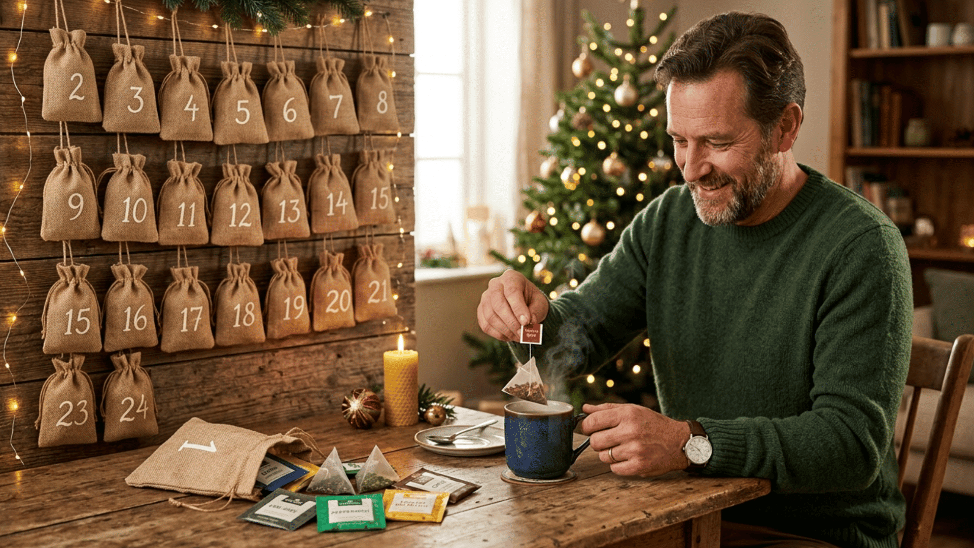man enjoying tea advent calendar with numbered burlap bags, cozy christmas lights, and warm holiday home decor
