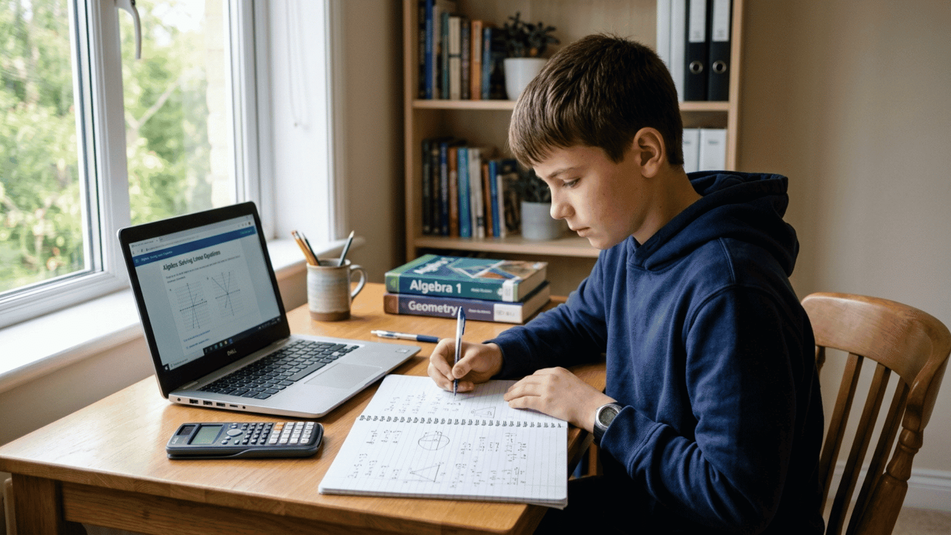 middle school student studying homeschool math on laptop with notebook in realistic home learning setup