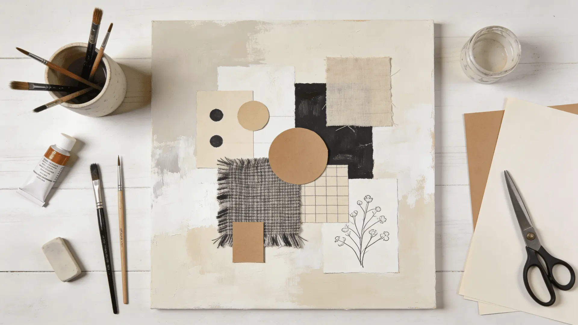 Mixed media artwork combining paint paper fabric and drawn elements on a workspace with basic art supplies
