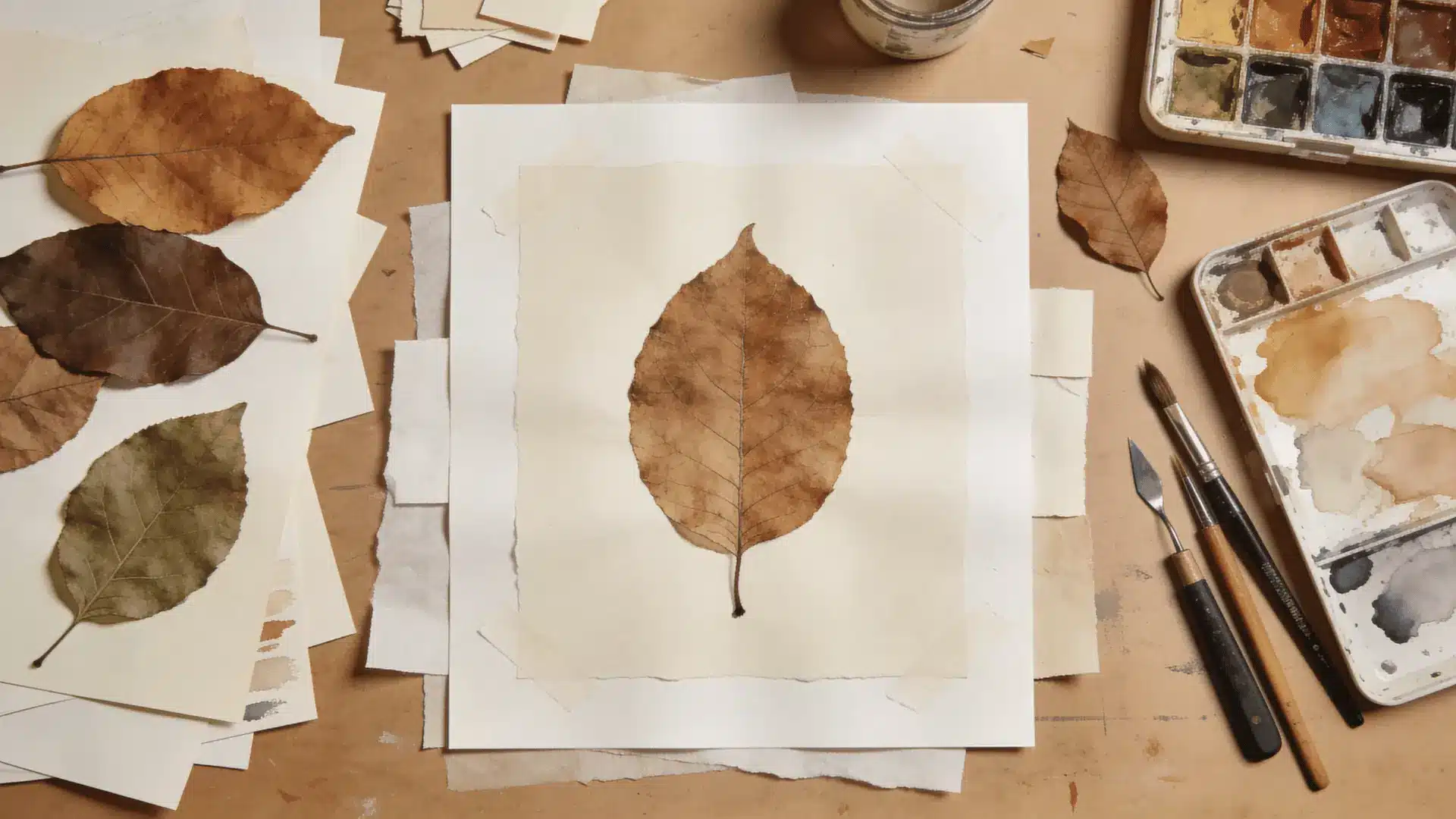 Mixed media artwork with leaves layered with paint and paper on a flat surface