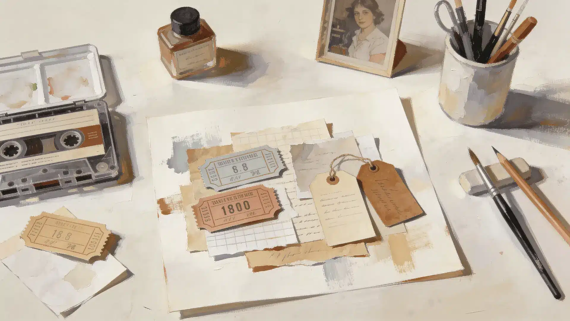 Mixed media artwork with tickets tags and paper layered with paint on a flat surface