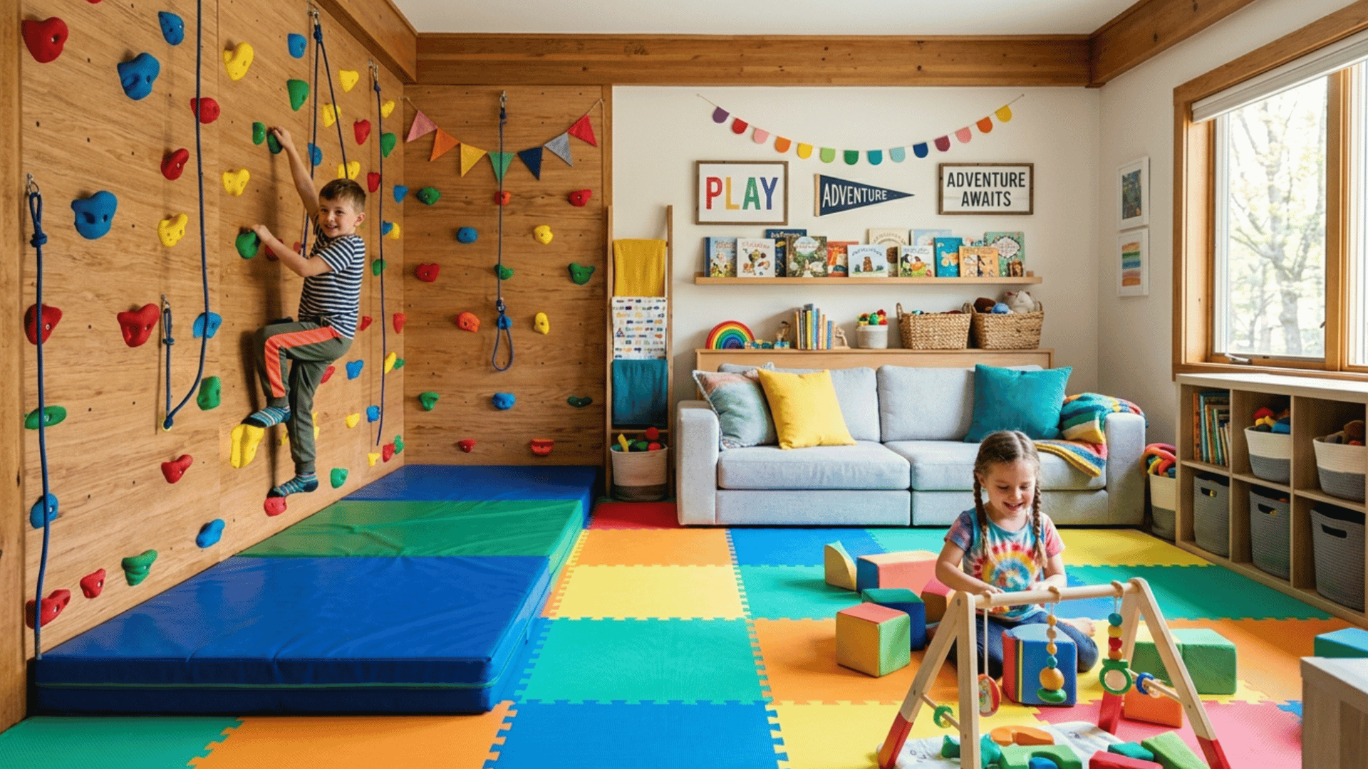 modern kids playroom with indoor climbing rock wall, foam mats, and active family play area setup