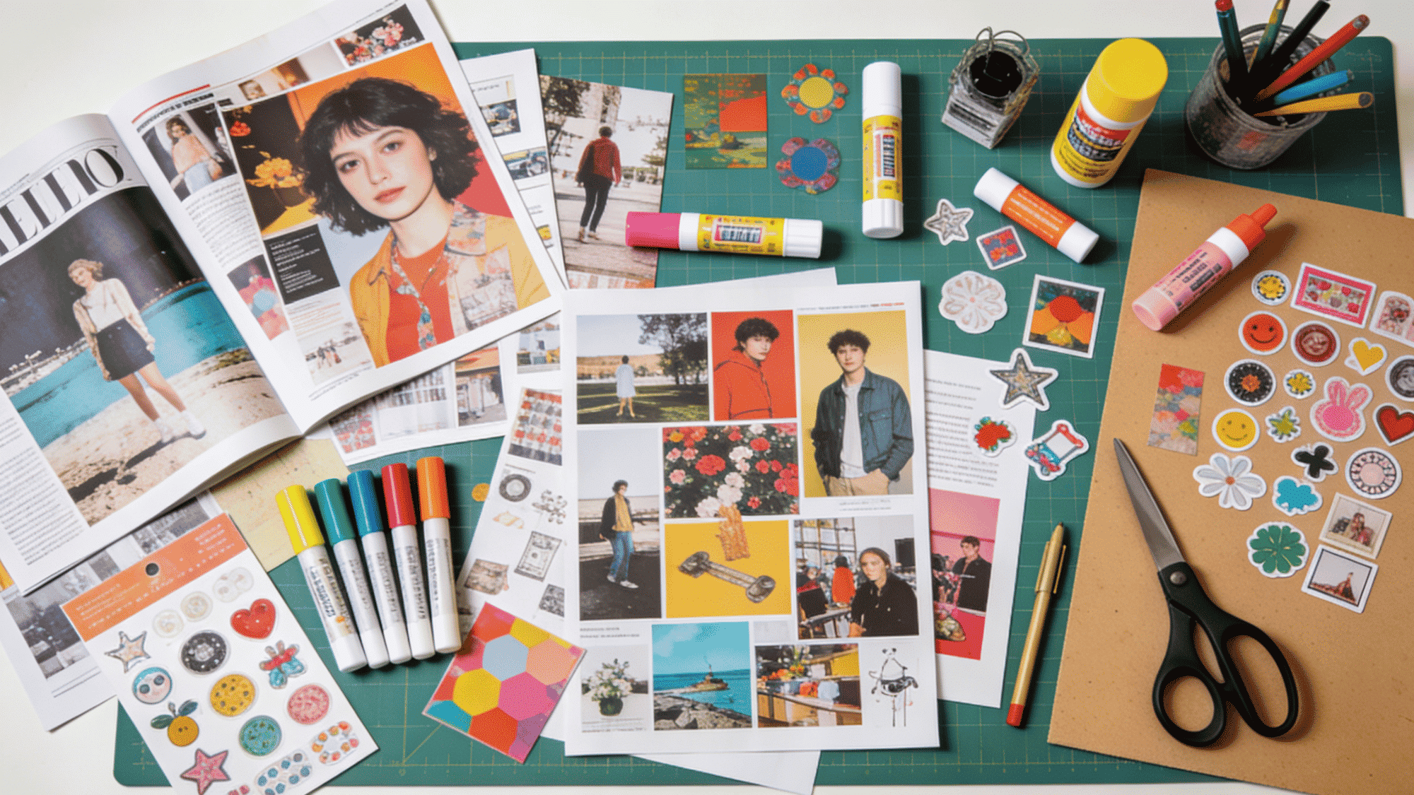 mood board craft table with magazine cutouts printed images scissors glue stickers and colorful partially finished poster boards