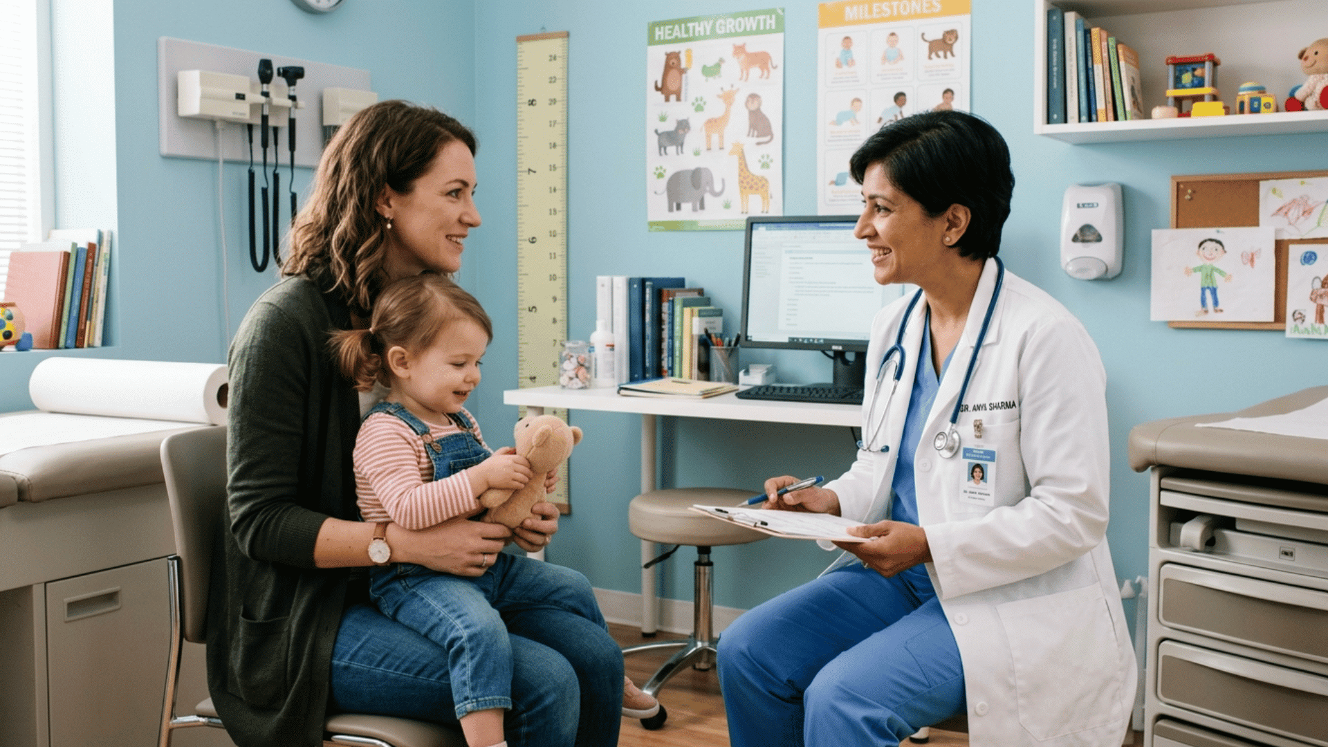 mother talking with pediatrician while holding toddler during child development and health checkup visit