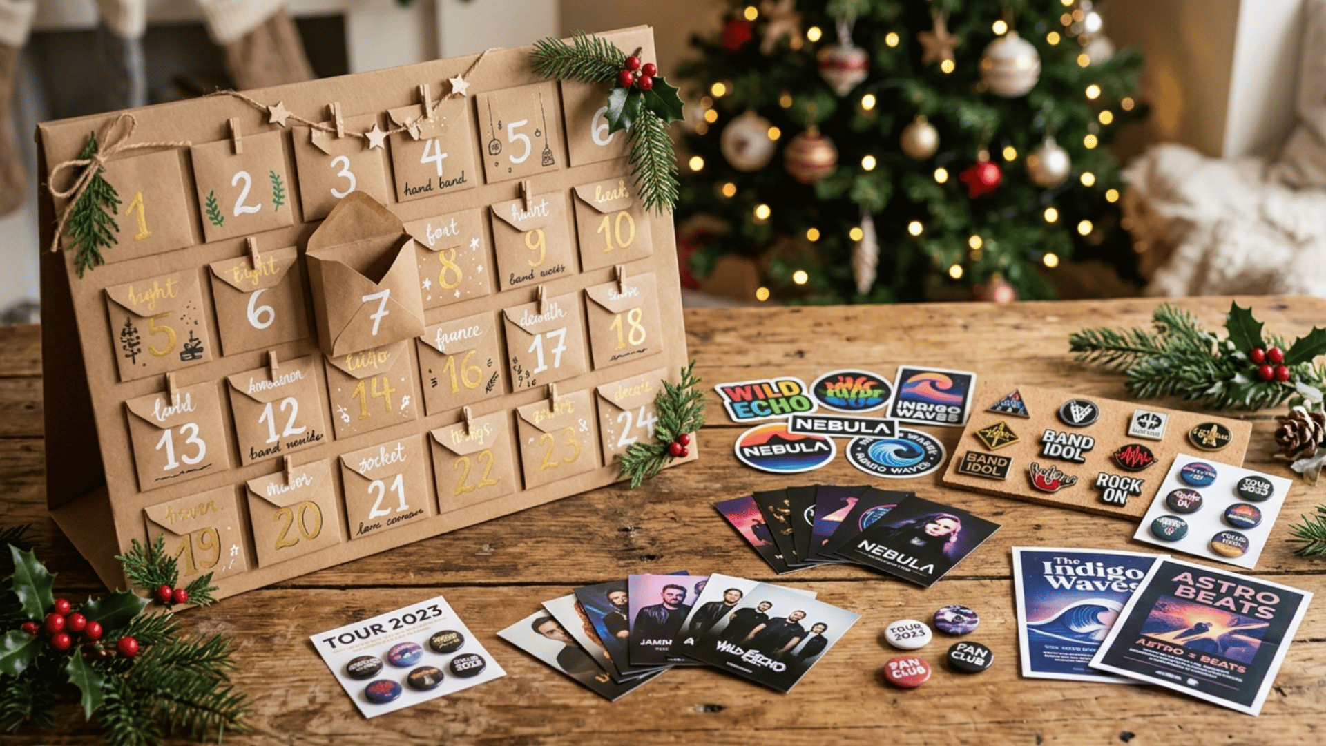 music-themed advent calendar with band stickers, photo cards, badges, and festive christmas decor on table