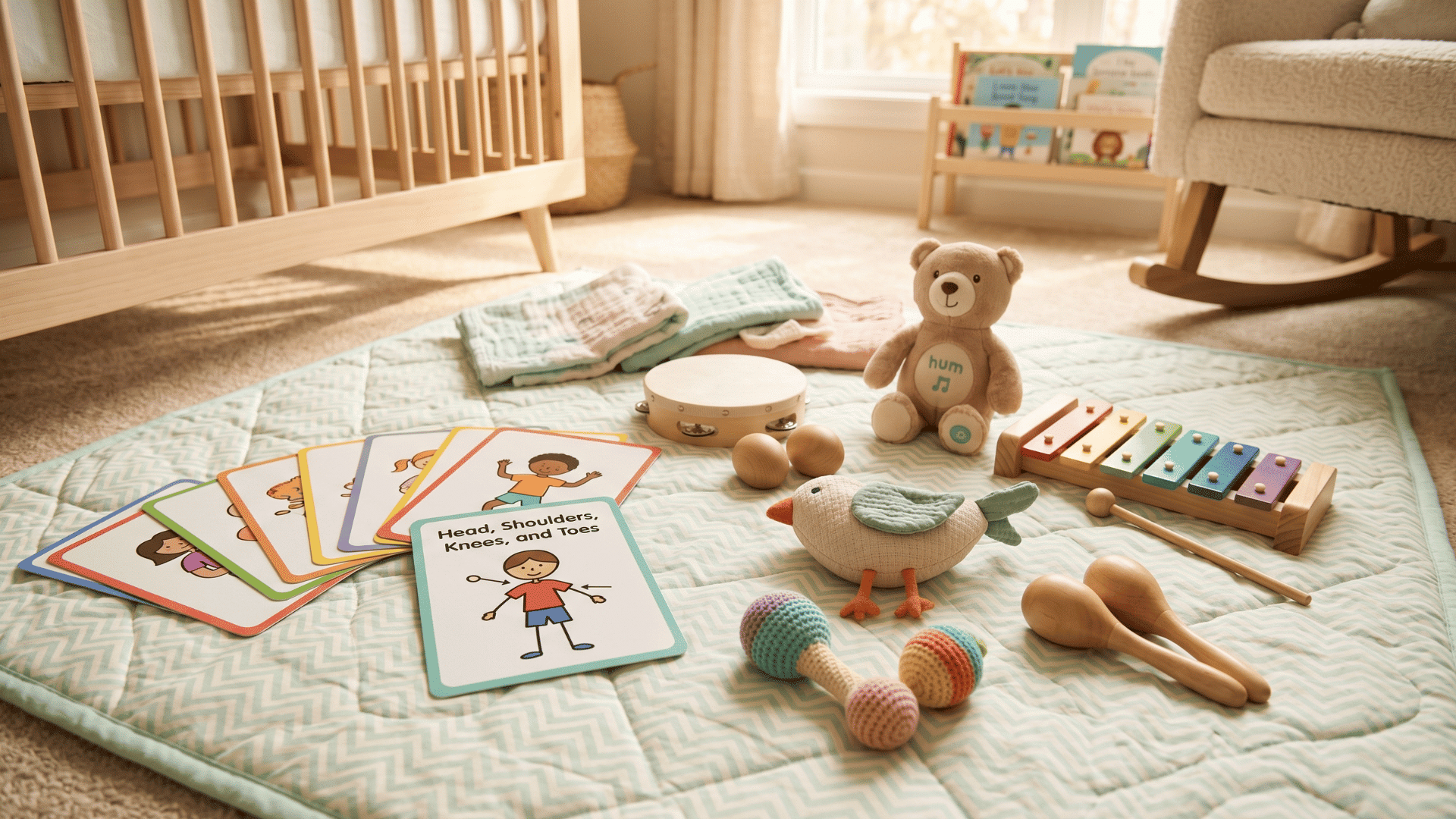 musical nursery activity setup with rattles, flashcards, and rhythm toys