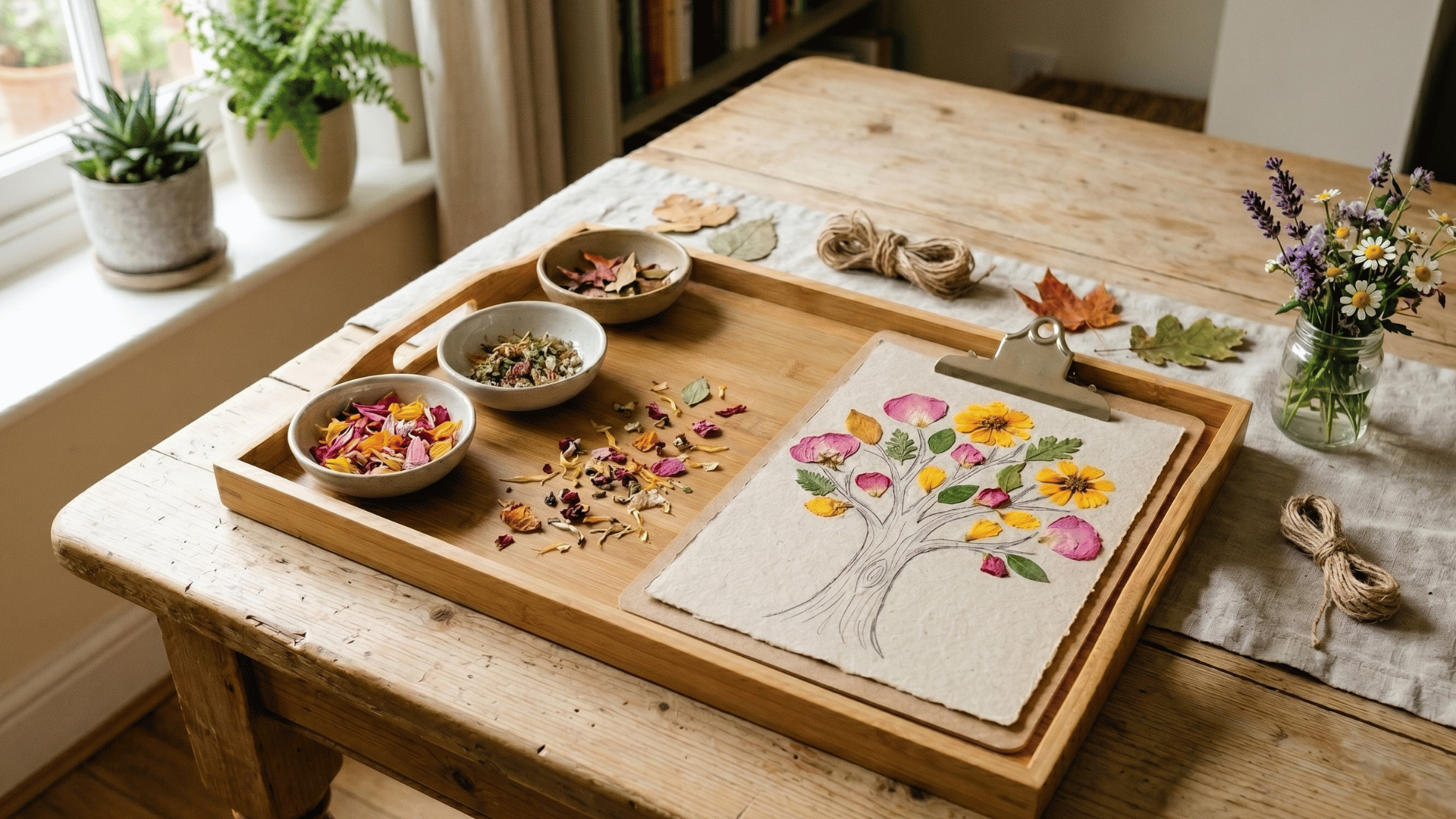 nature collage craft setup with leaves, petals, glue, and craft paper